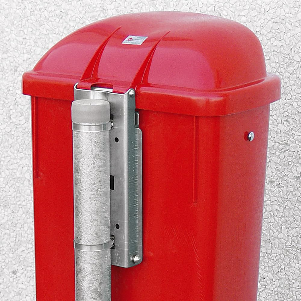 Contenedor de basura para exteriores, Papelera con Tapa, contenido 50 litros, según DIN 30713 en juego completo con abrazadera para fijación de poste.
