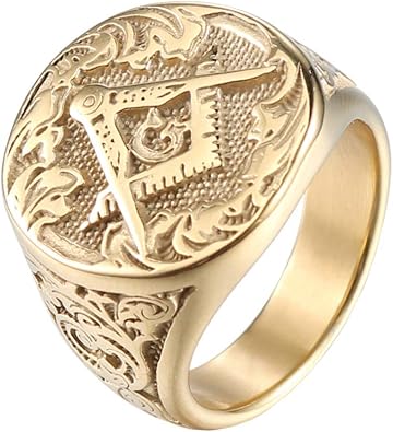 Mens Stainless Steel Gold Plated Freemason Masonic Ring Vintage Master Mason Signet Rings