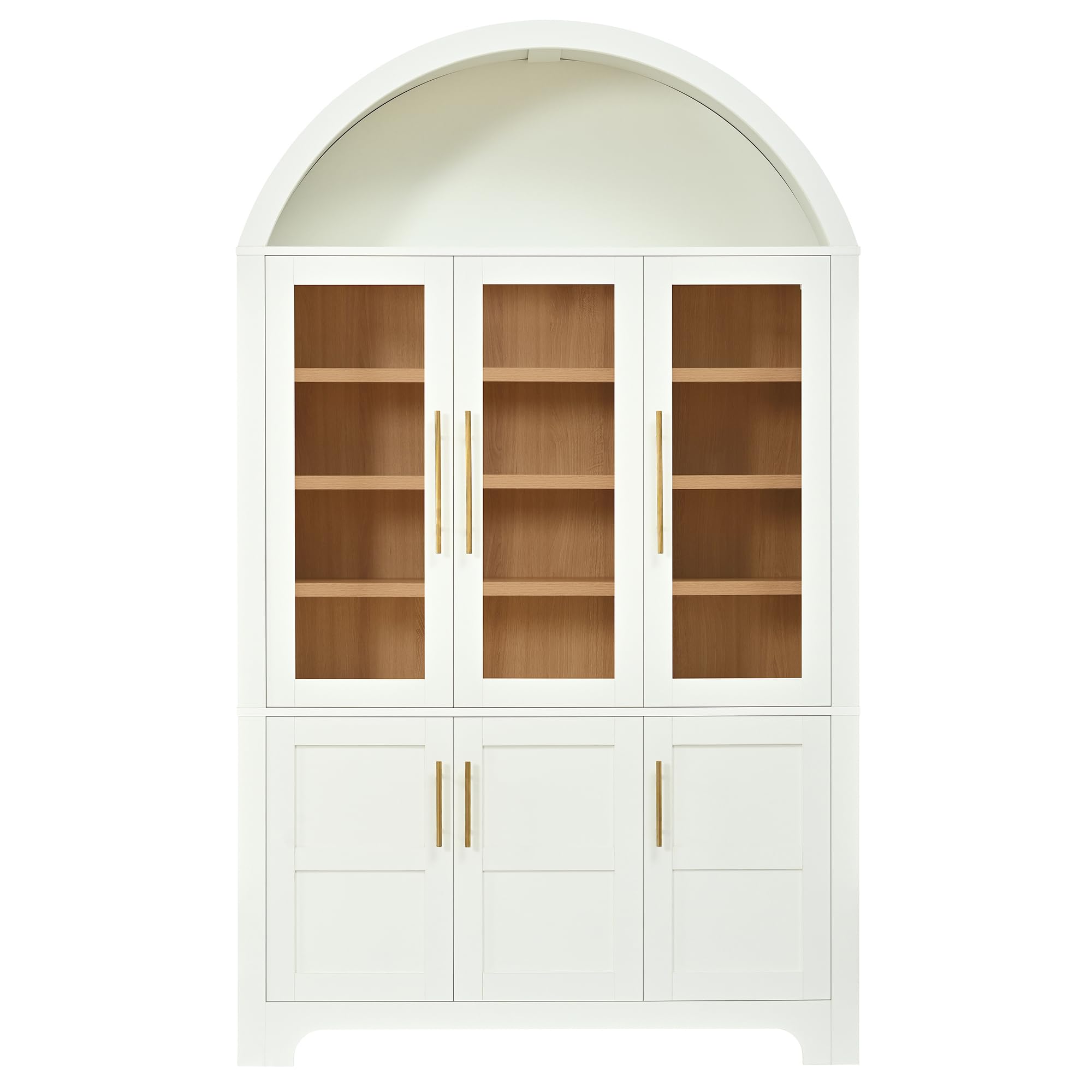 Credenza moderna verticale, PB+MDF, nicchia ad arco superiore, 3 vetrine in vetro, 3 scomparti chiusi, ripiani regolabili, maniglie in alluminio, armadio multifunzione per la casa, bianco
