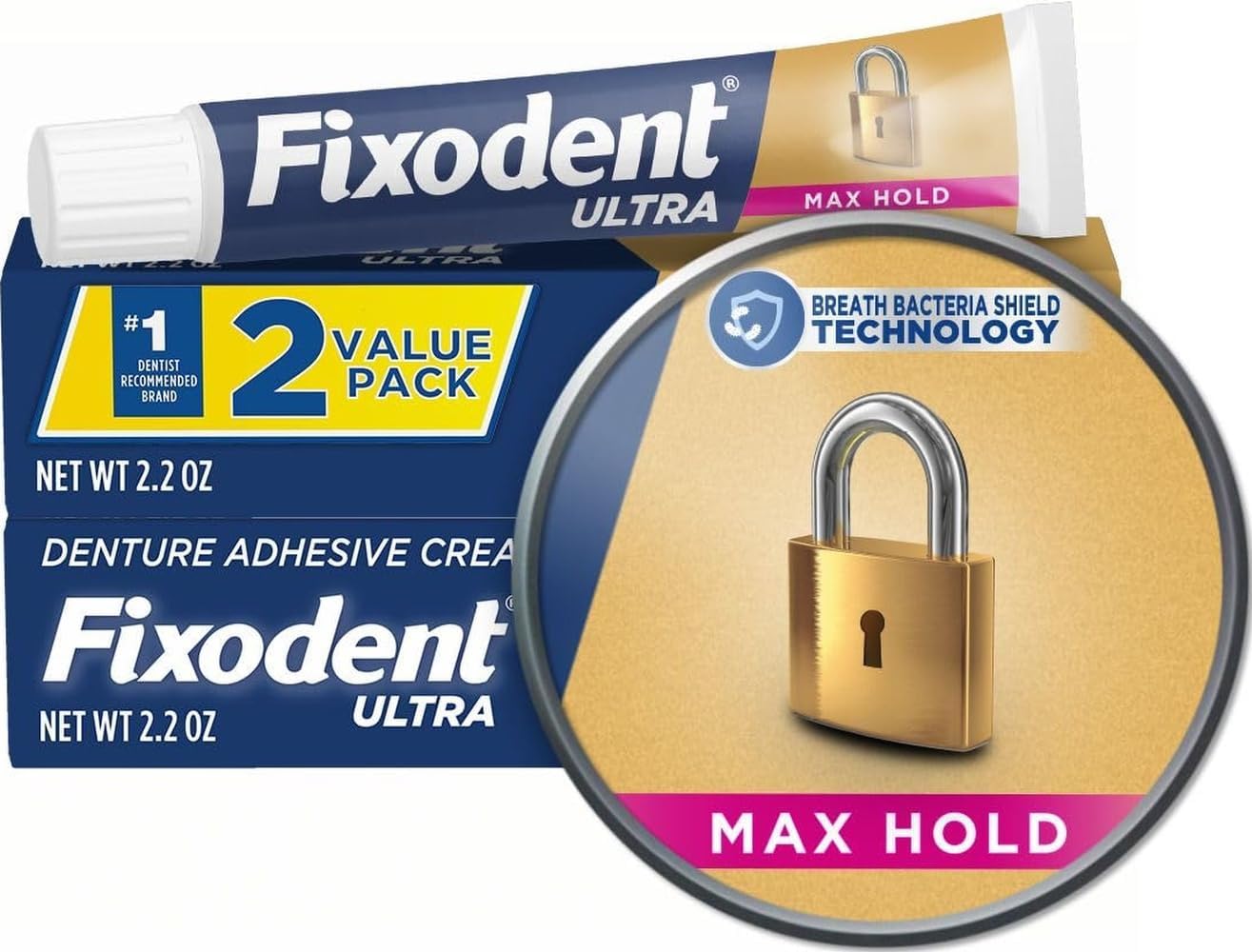 Fixodent Ultra Max Hold Denture Adhesive, White, 2.2 Oz (Pack of 2)