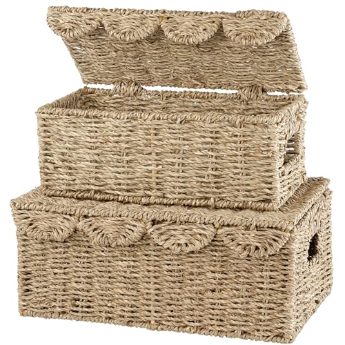 Set of 2 Scalloped Seagrass Baskets with Lid