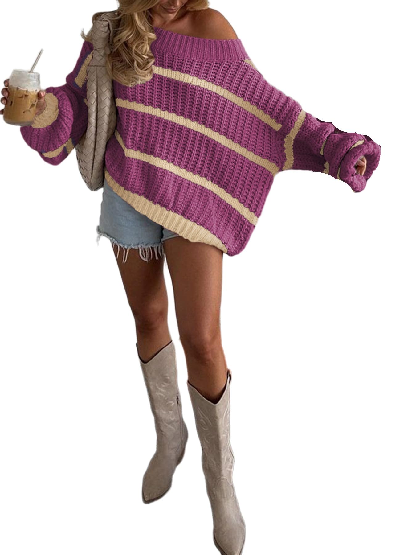 Apvirdy Womens Off The Shoulder Sweater Striped Color Block Oversized Sweaters Chunky Long Sleeve Cozy Preppy Sweaters