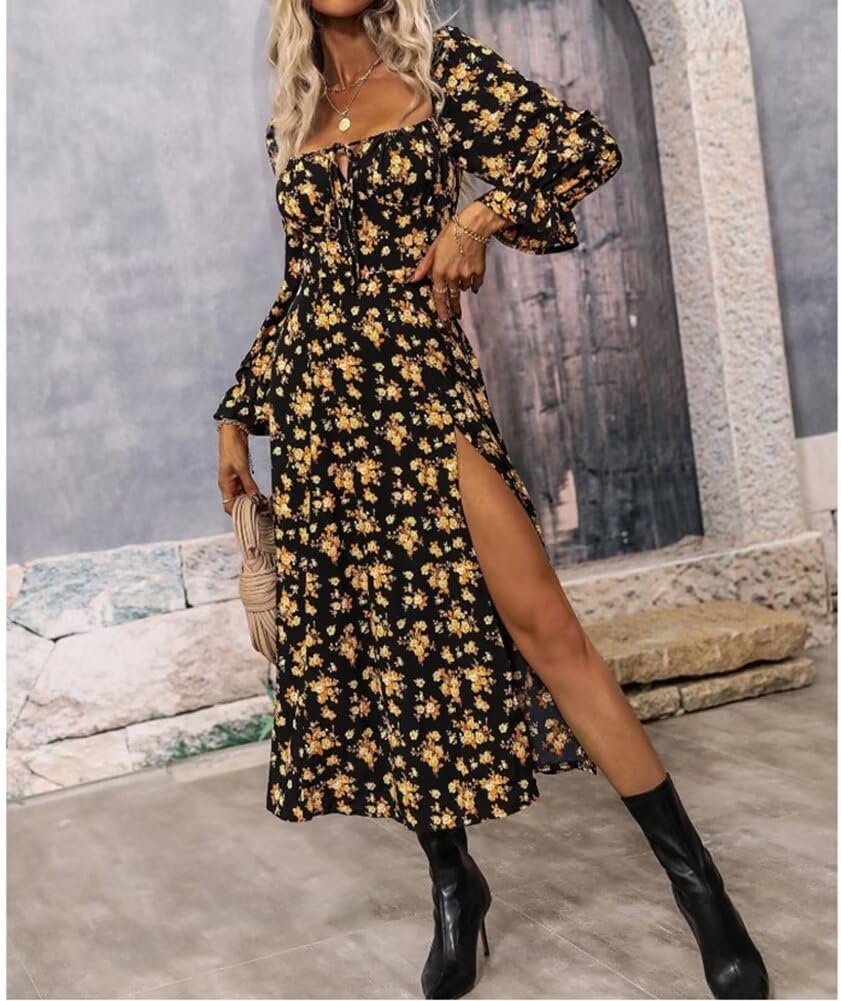 Women’s Floral Square Neck Maxi Dress Bubble Long Sleeve Side Slit Flowy Boho Dresses - Image 6