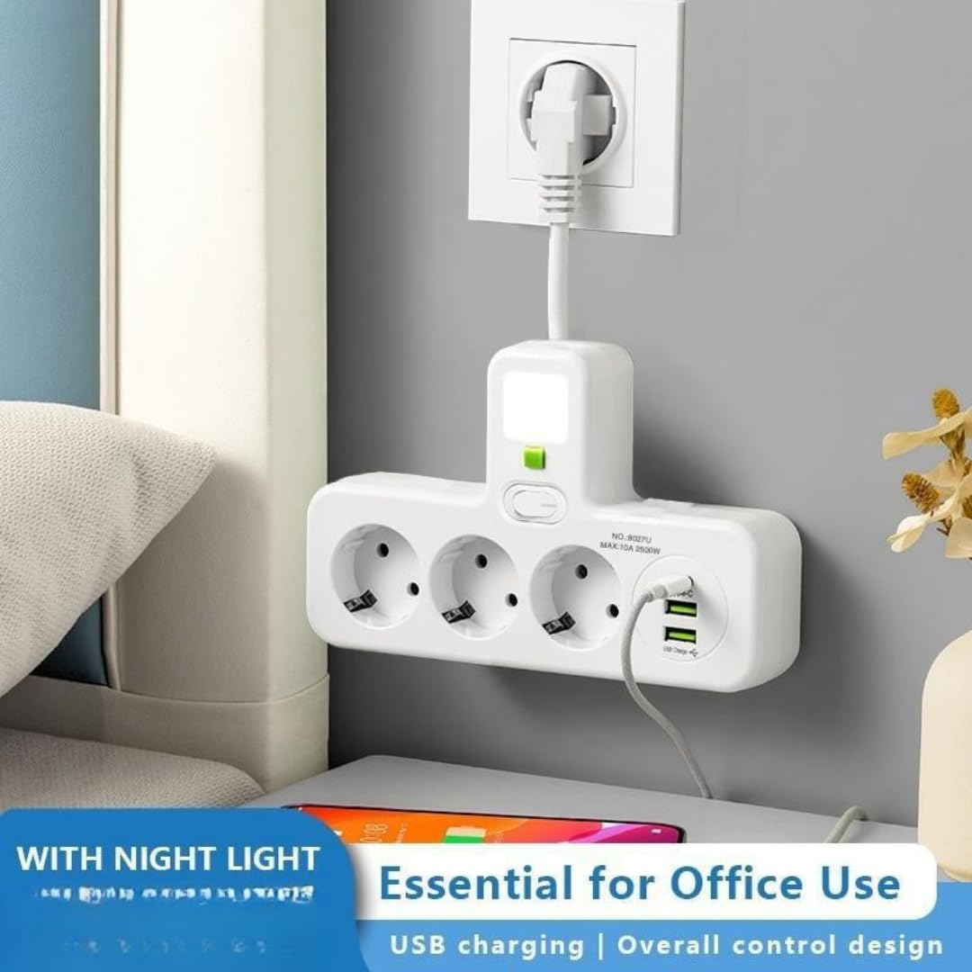 Jouis Akım Korumalı Priz Çoklayıcı Gece Lambalı - 2500W Grup Uzatma Prizi, 3 EU Priz Girişi ve 2 Akıllı USB ve 1 Type-C Portu, Seramik Korumalı Masaüstü Şarj İstasyonu