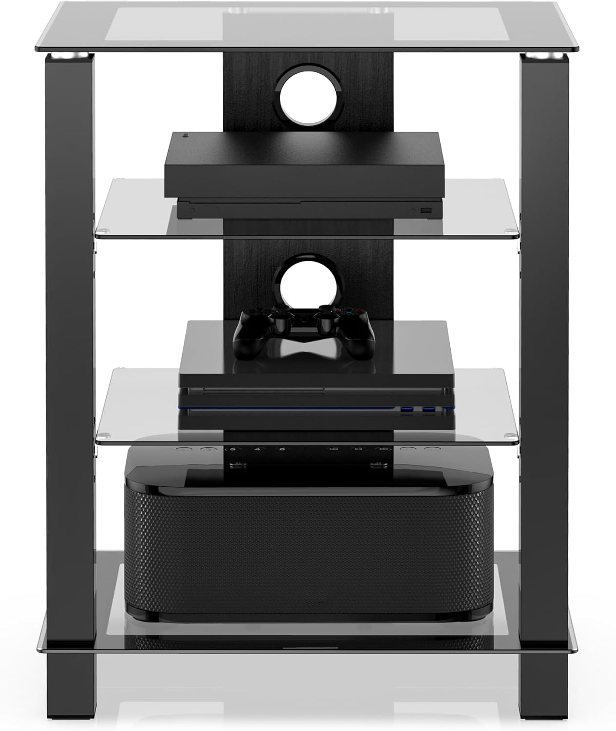 FITUEYES 4-Tier AV Media Cabinet Stand Component Cabinet, Gaming TV Stand and Stereo Rack Audio Tower with Height Adjustable Tempered Glass Shelves, AS406003GB