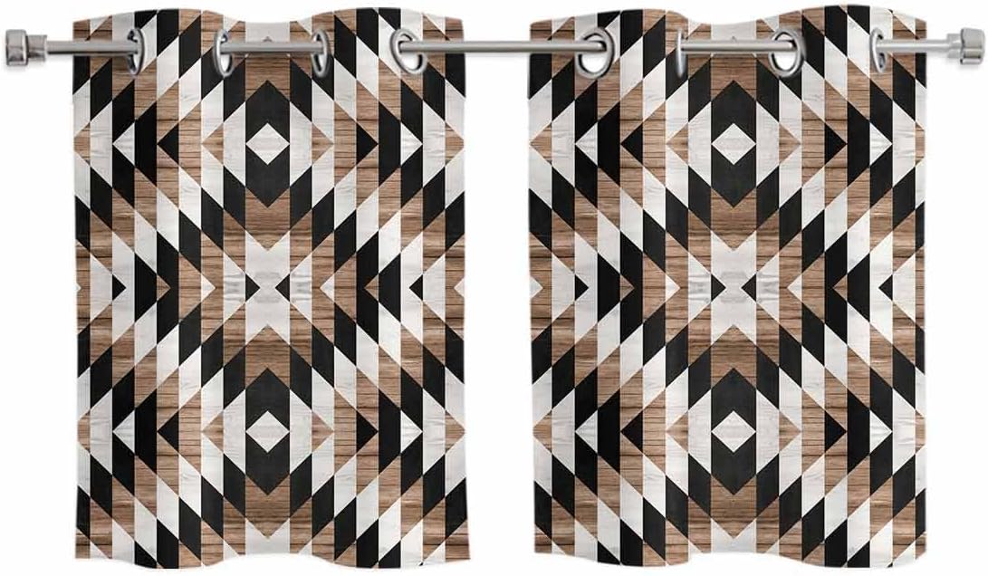 Brown Aztecs Window Curtains Panels with Silver Grommet,Abstract Southwest Geometric Vintage Tribal Kitchen Cafe Curtain Draperies Window Treatment Set for Living Room/Bedroom/Bathroom/Cafe,55x39