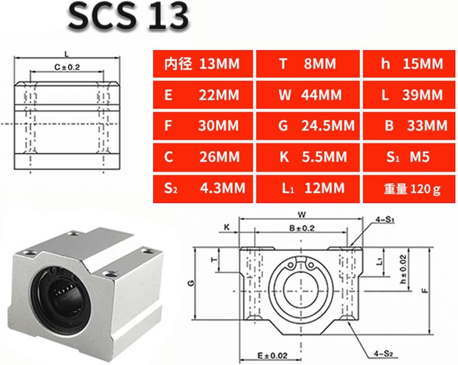 1PCS SC8UU SCS8LUU 8mm Linear Ball Bearing Block CNC Router SCS10 SCS10LUU SCS12LUU SCS13LUU (Color : SCS13UU)