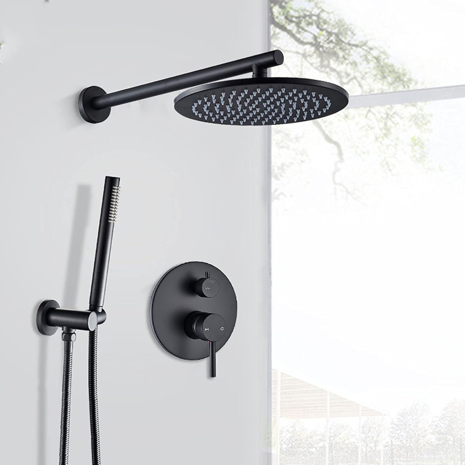 Shower System Black, 10" Round Rain Shower Head with Handheld Shower Head Set, Wall Mounted Shower Faucet Set, Bathroom Shower Mixer Tap, Solid Brass