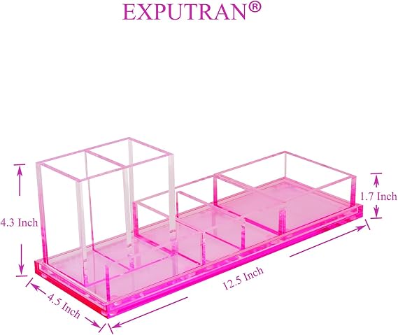 Acrylic Desk Organizer 4-Piece Desk Kit + Free Complimentary Acrylic Ruler, Desktop Organization for Office or Home,Rose Red