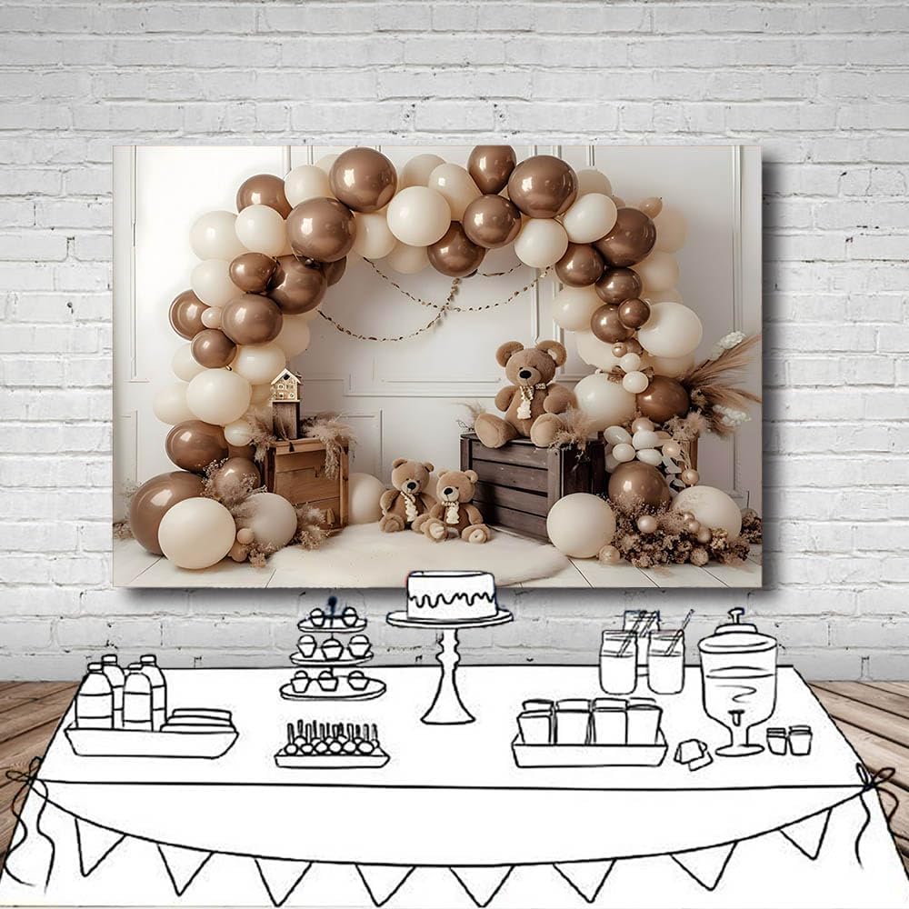 MEHOFOND Chłopcy brązowy niedźwiedź urodzinowy tło do fotografii bohema brązowy balon zabawka niedźwiedź pampasowy portret tło baby shower ciasto rozbić przyjęcie urodzinowe dekoracja baner rekwizyty