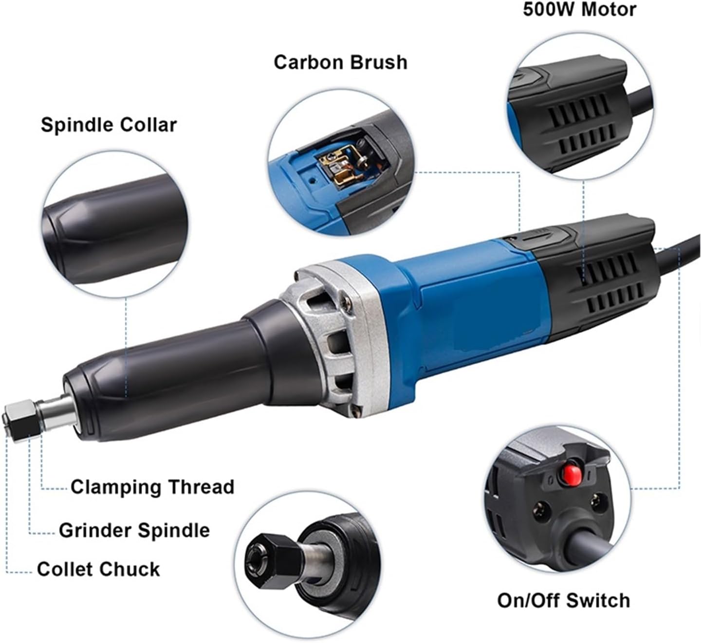 Labeled components of the CAARLA HGS28E Electric Die Grinder