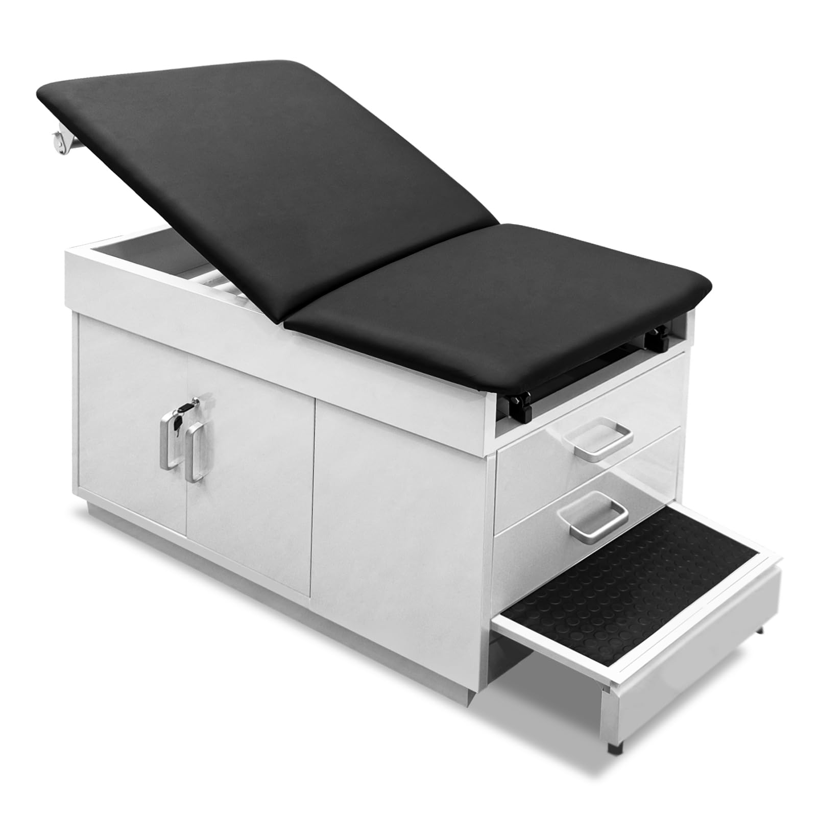 VEICAR Medical Exam Table, Adjustable Exam Bed with Step Stool, Steel Cabinet, Stirrups & Paper Dispenser Included - Black, 72