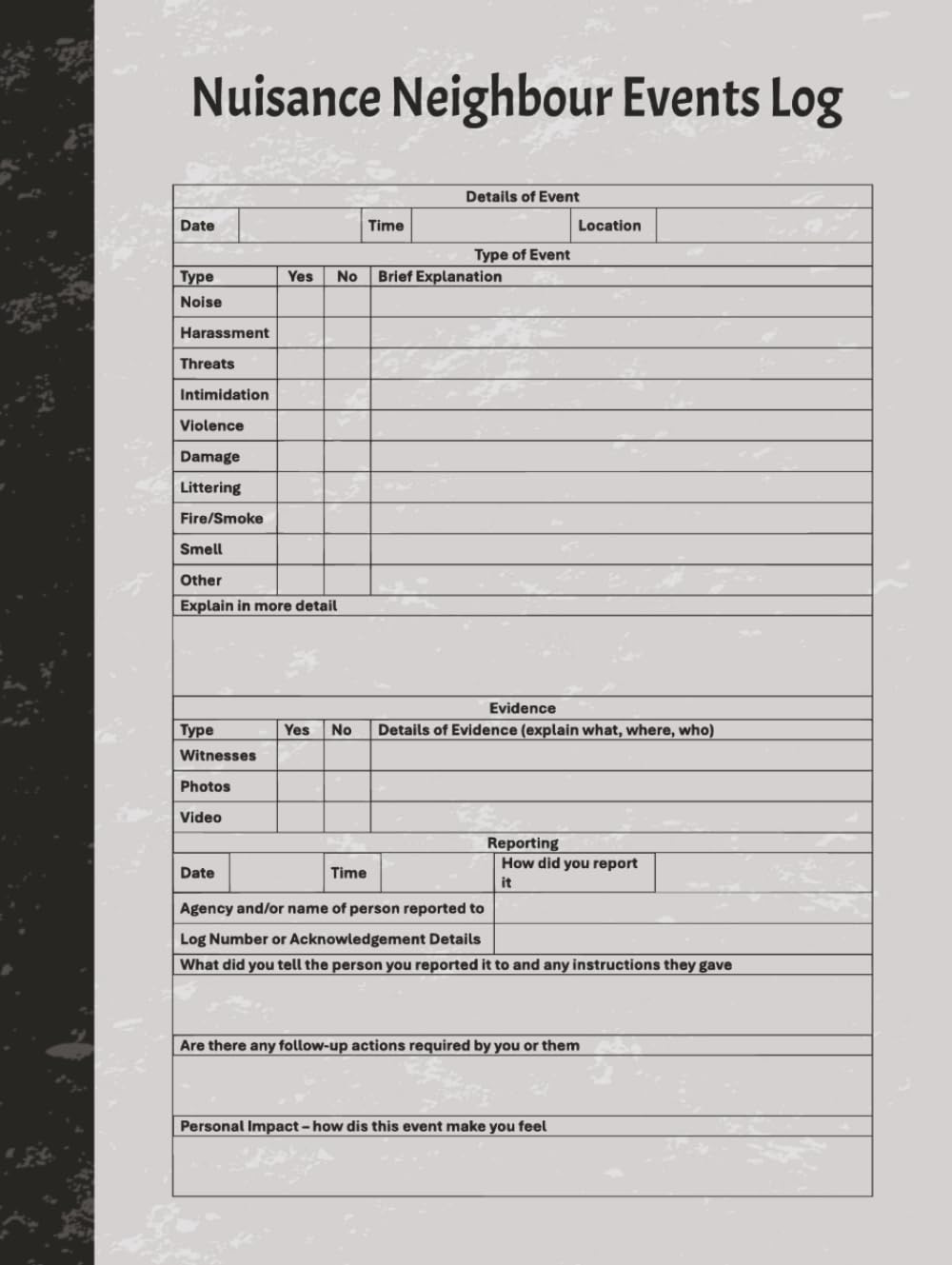 Nuisance Neighbour Events Log: To record key information regarding incidents and events with nuisance neighbours helping to build evidance