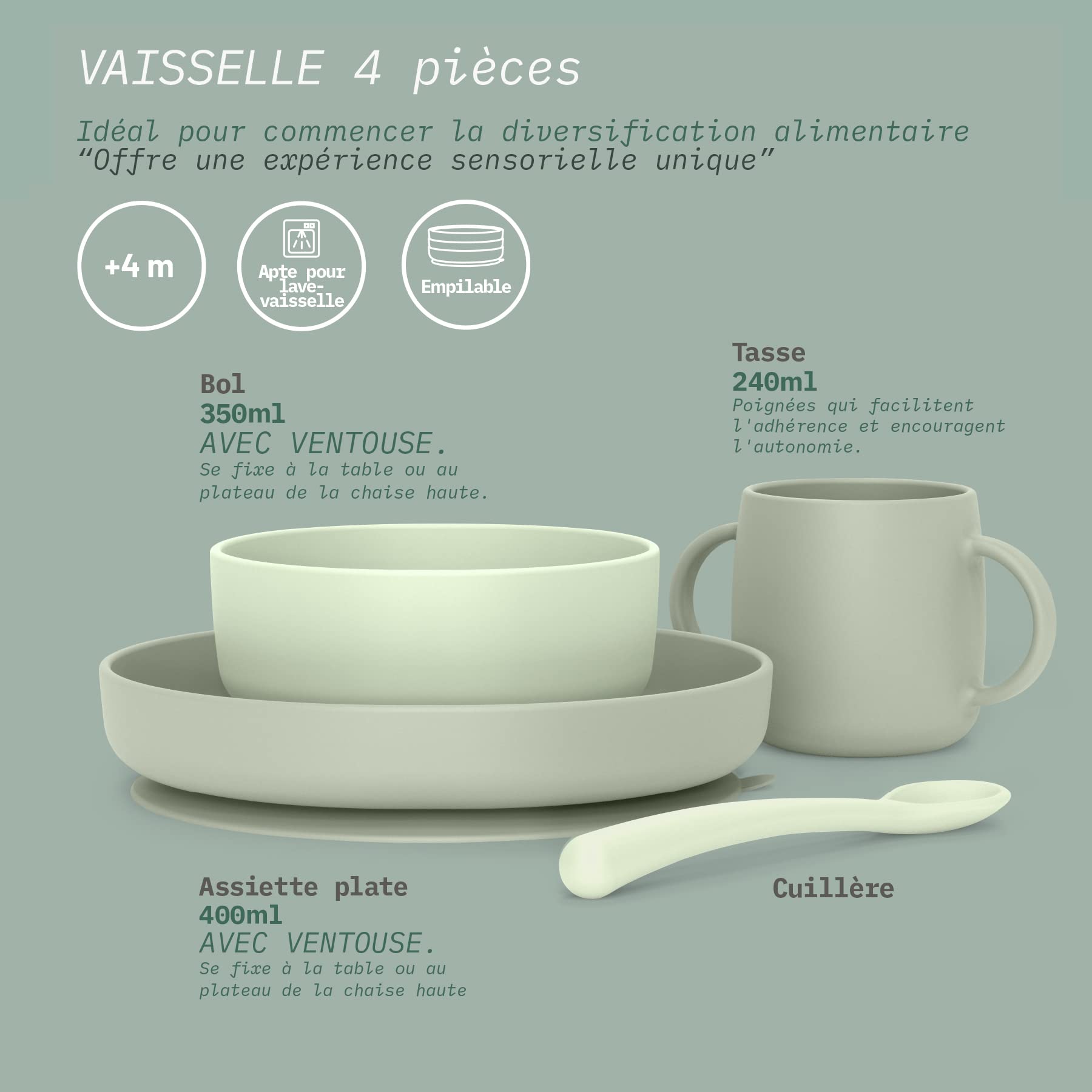 Suavinex, Set Vaisselle Silicone, Coffret Repas Bébé, avec Ventouse. 4 Pièces, Bol + Assiette + Tasse + Cuillère. Anti-dérapant, Empilable, Compatible Lave-vaisselle et Micro-onde. +4 Mois. Vert