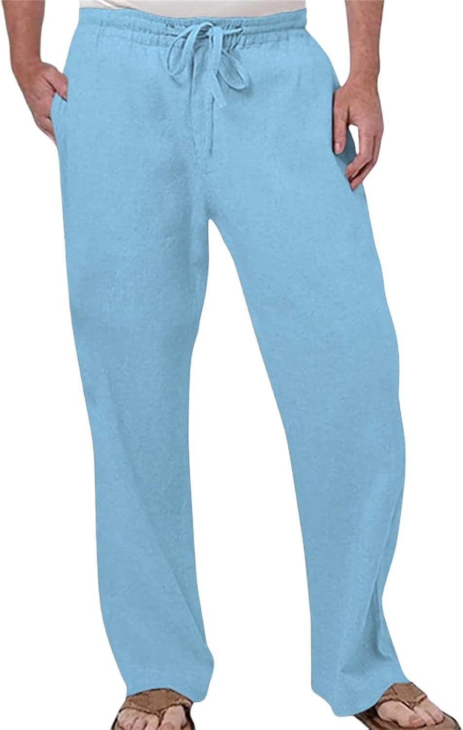 Wankang Mens Cotton Linen Drawstring Pants Elastic Waist Casual Jogger Yoga Pants Loose Straight Wide Leg Beach Pants for Men
