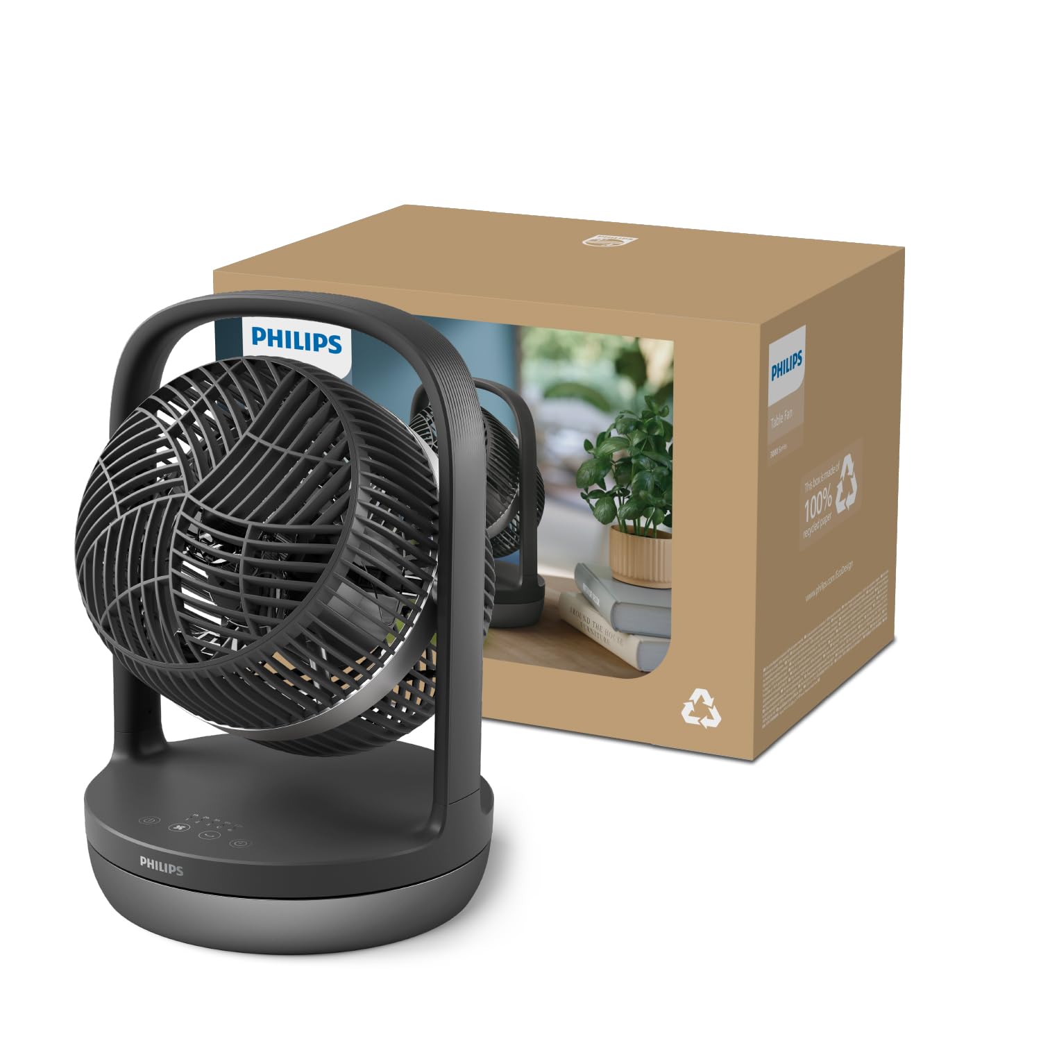 PHILIPS oszillierender Tischventilator Serie 3000, SilentWings-Technologie 23 dB, Neigung 180°, Timer, schwarz CX3050/01