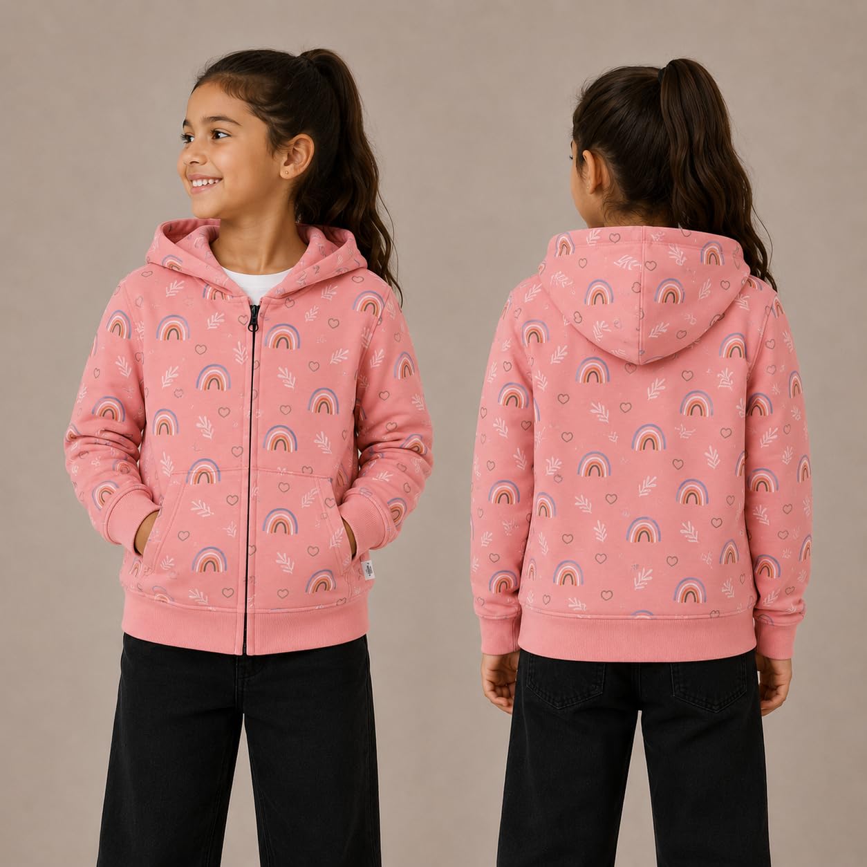The Mom Store Winter Zipper Jackets for Kids | Cute Regular Sweatshirt and Cool Hoodies for Boys and Girls | Cotton Blushed Fleece | Hoodie Cap | Rainbow Land | 6-7Y