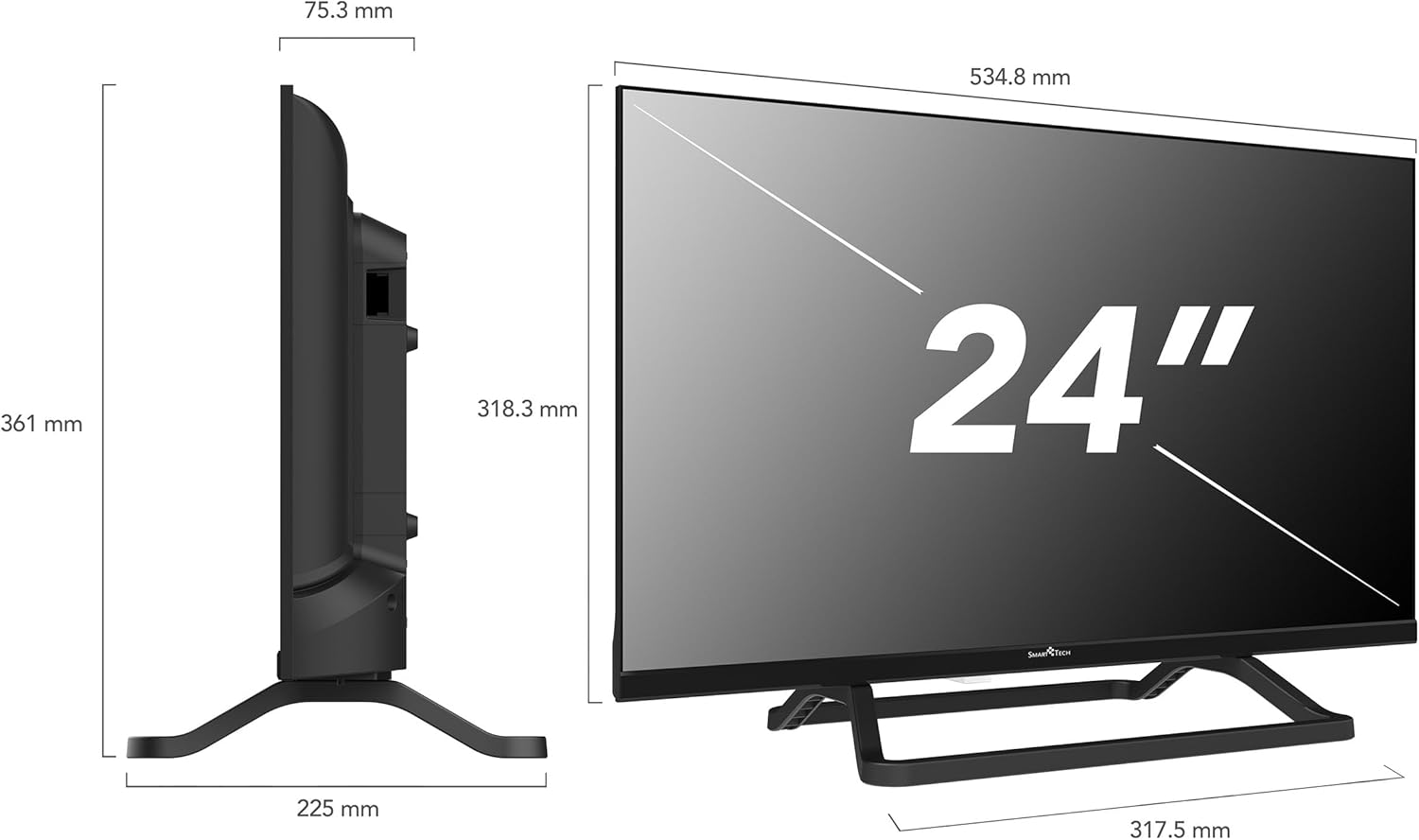 Technical drawing illustrating the dimensions of the Smart Tech 24-inch TV.