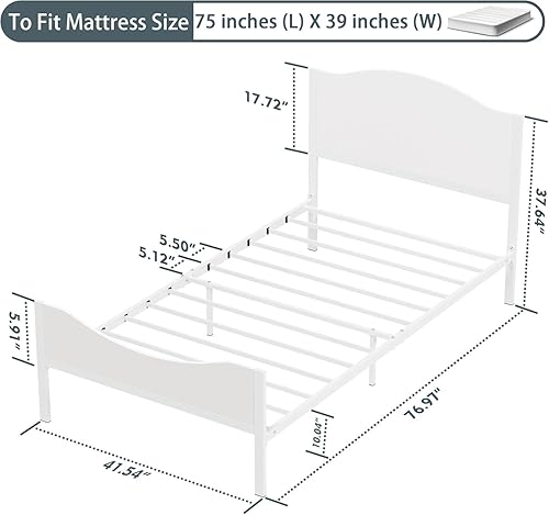 Miniatura 2 de Timy Marco de cama individual para niños con cabecera y estribo de madera, marco de cama de plataforma de metal para niños, niñas, adolescentes y