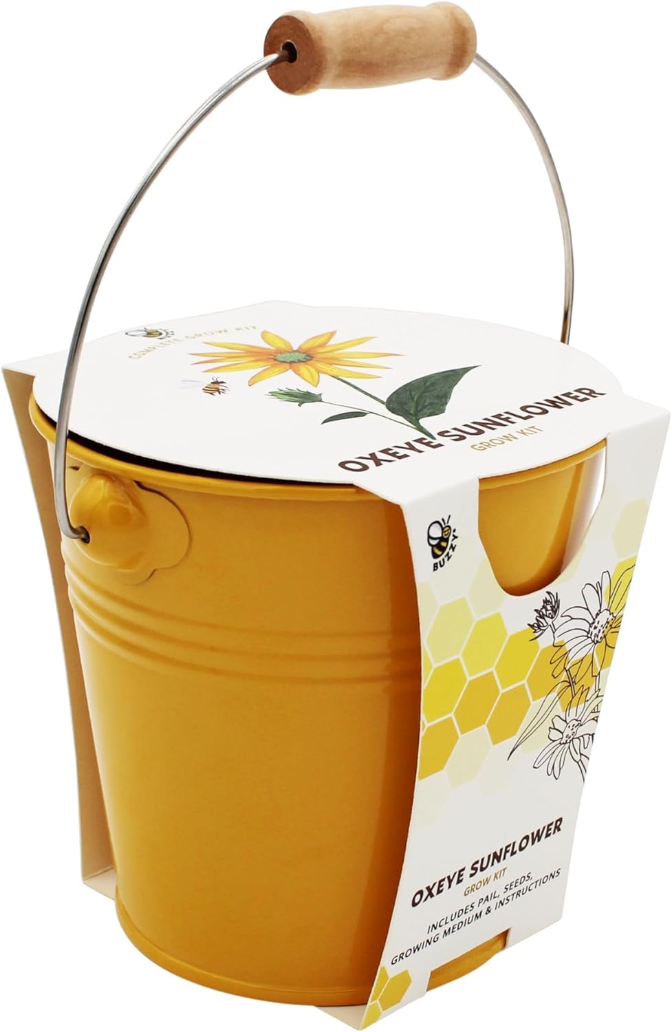 BUZZY Seeds Pollinator 2-Pack Grow Kit with Aster and Ox-Eye Sunflower Seeds, Growing Medium, and Decorative Yellow Pails, All-in-One Gardening Gift to Sprout Bee and Butterfly Friendly Blooms