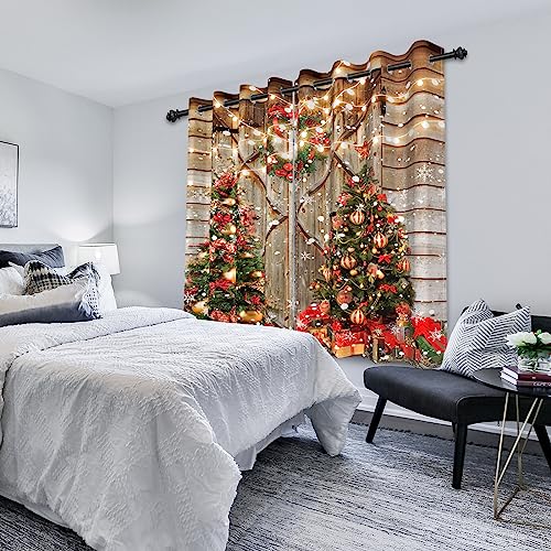 Bovlleetd Rustic Wood Christmas Blackout Curtains Set 2 Panels for Living Room Bedroom Christmas Tree Xmas Eve Party Energy Efficient Thermal Insulated Grommet Blackout Curtains 140x145cm 2 Pieces - Image 2