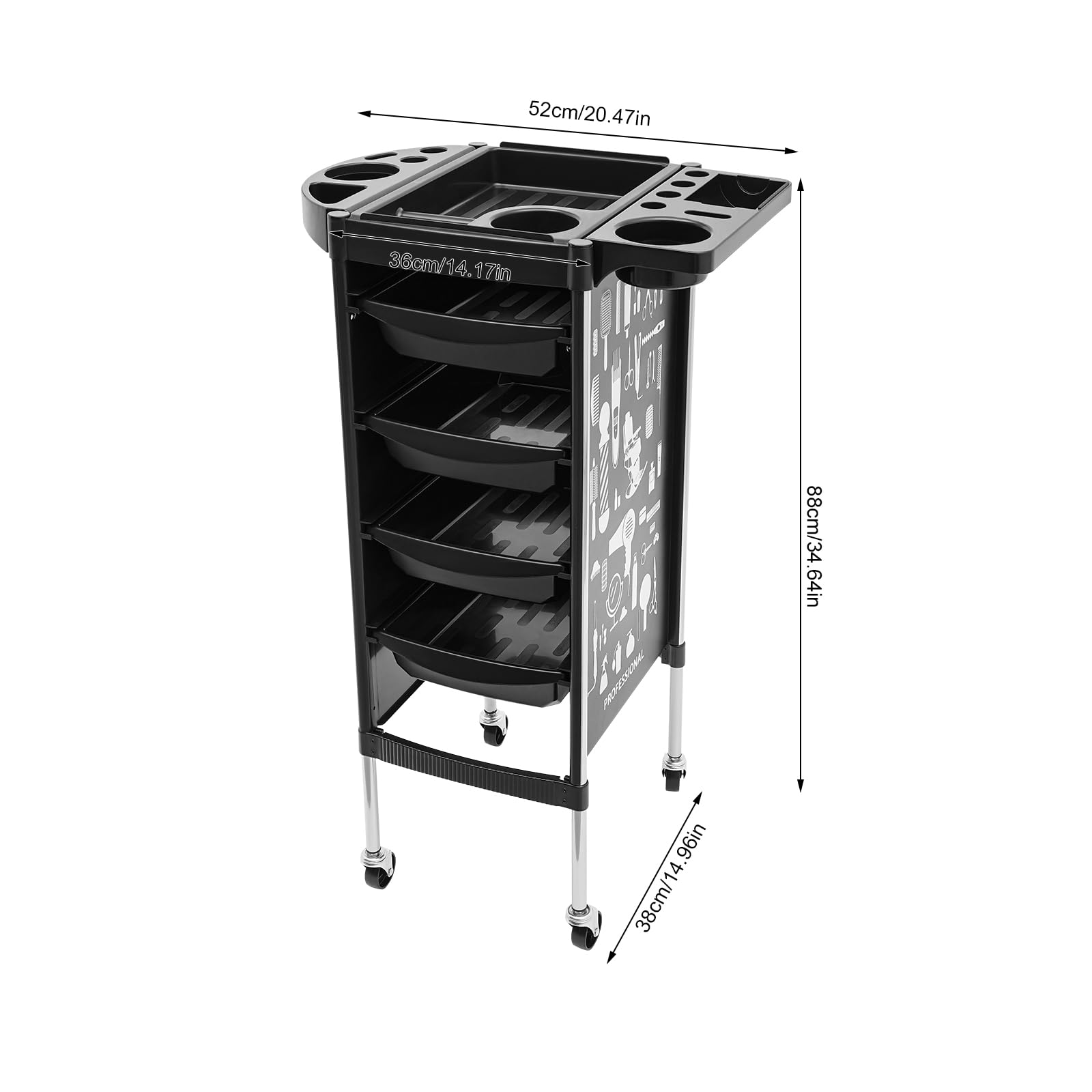 Carrito de peluquería de 5 niveles con 4 cajones, carrito de peluquería con 4 ruedas silenciosas, carrito de trabajo para salón de belleza, SPA, peluquería (negro)