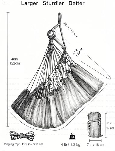 Miniatura 2 de Hamaca grande Hamaca Columpio, 43.3 x 59.1 in, carga 330.7 lbs, hamaca de algodón, barra de extensión de metal, asiento ancho (gris)