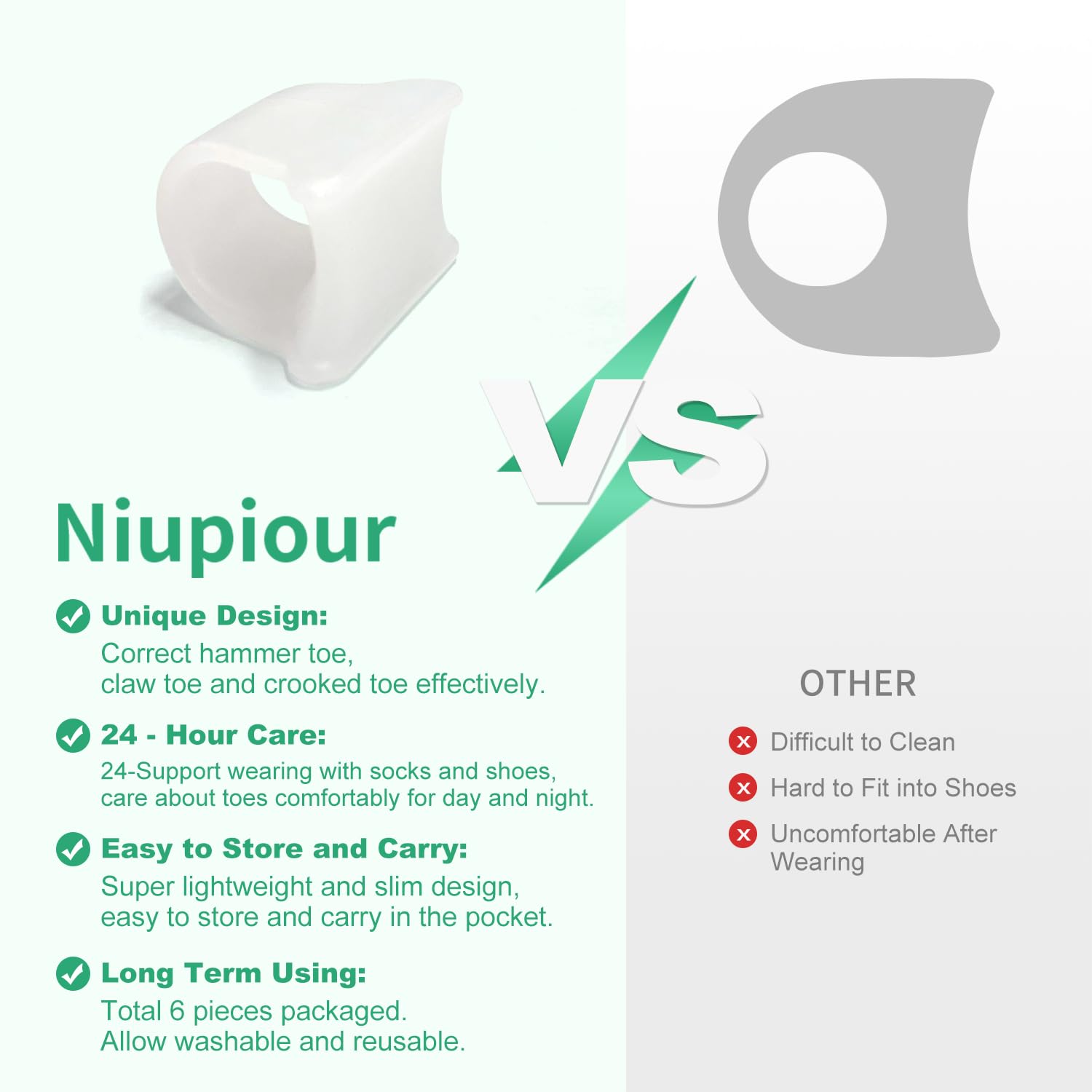 Niupiour Correctores de dedos de gel en martillo, corrector de juanetes para mujeres y hombres, paquete de 6 separadores de dedos de silicona para dedos doblados, espaciadores de dedos para dedos