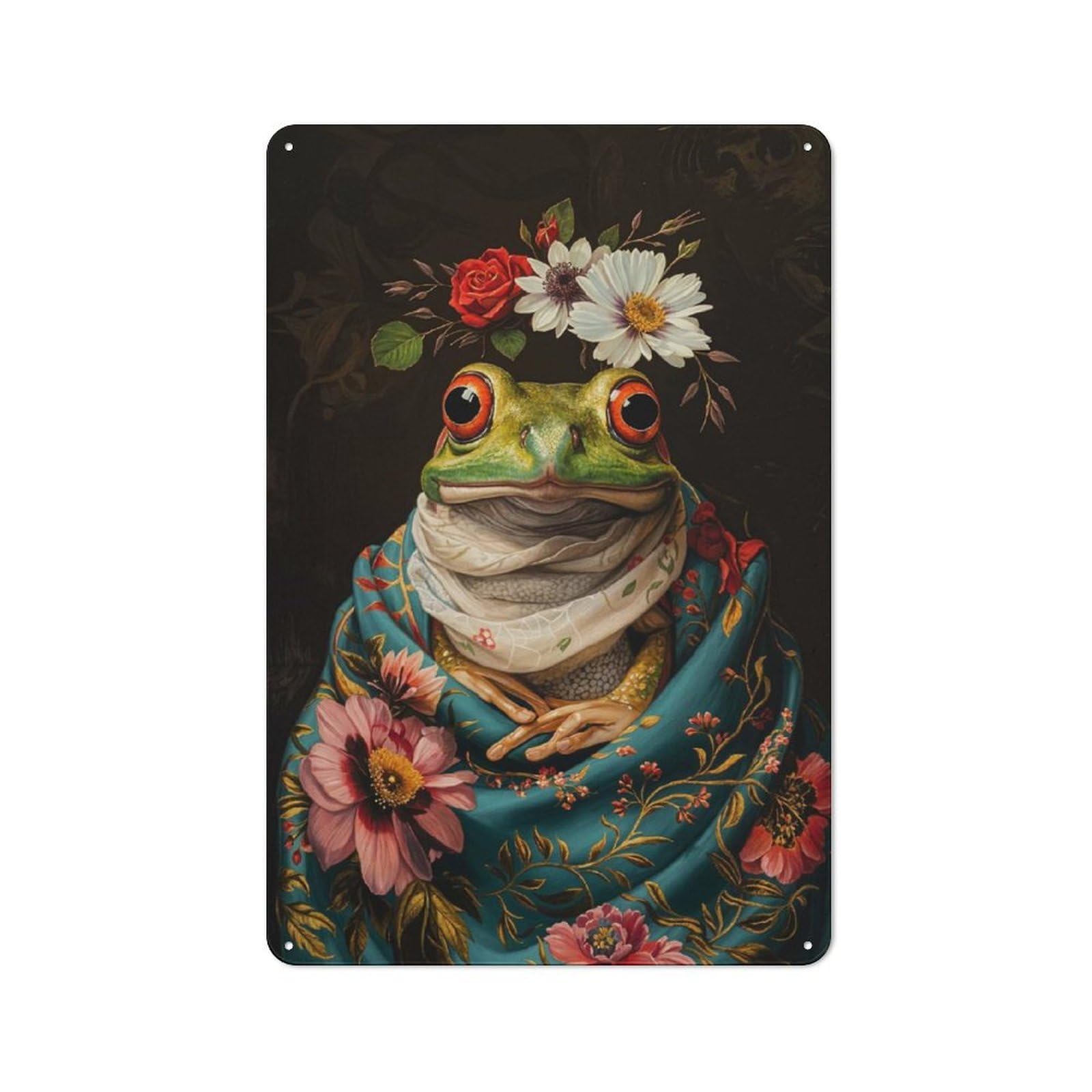 Junmoney Frog With Flowers Tin Wall Plaque 30X20cm With For Garage Wall, For Collectors Of Retro Metal Wall Decor