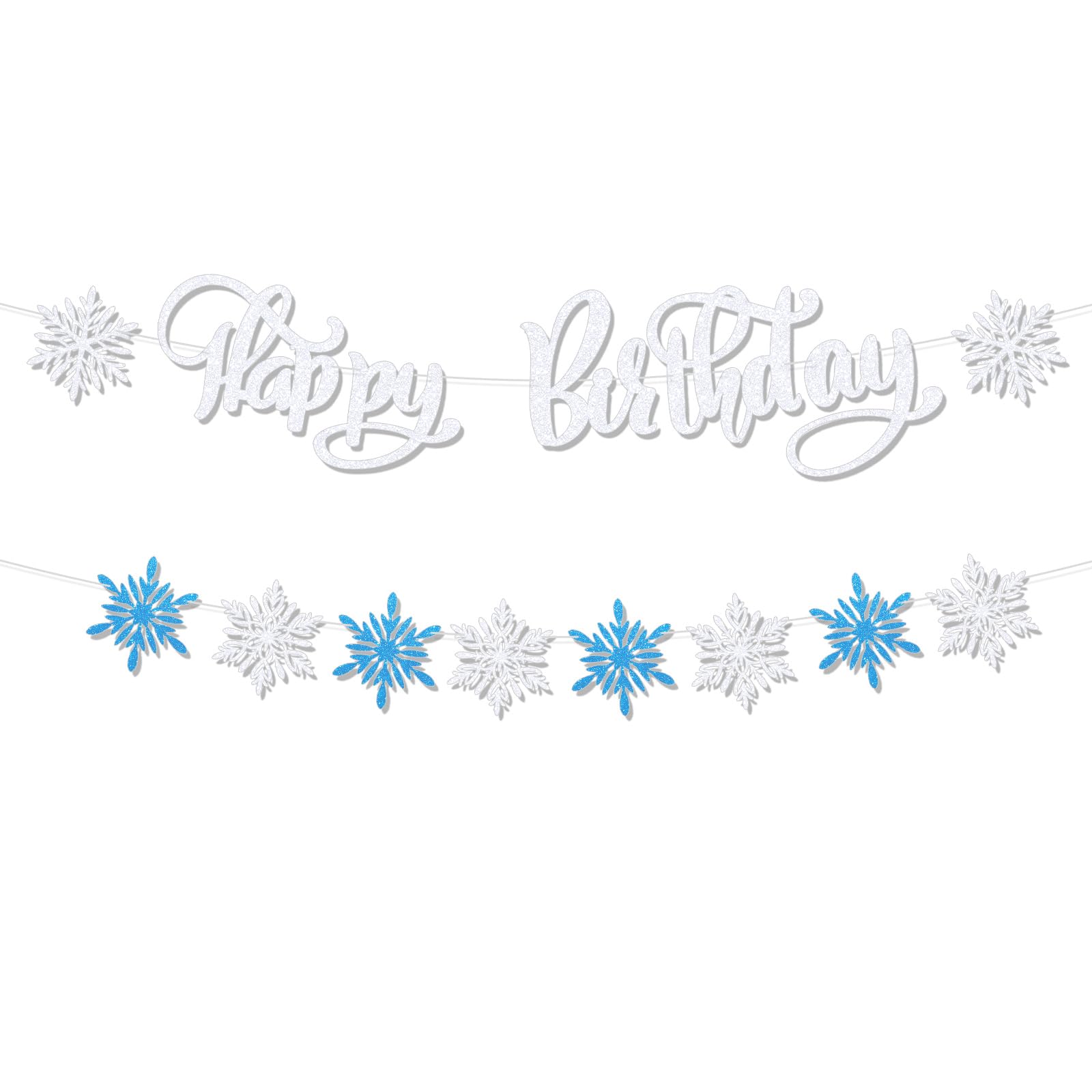 2pcs Winter Birthday Banner, Pre-Strung Blue White Silver Glitter Snowflakes Banners Hanging Christmas Ceiling Decor Winter Holiday Garland Decoration for Birthday Party Outdoor Indoor
