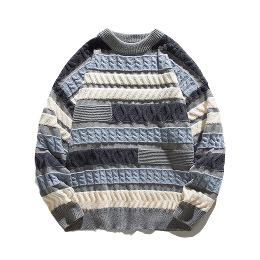 Suéter suelto de pareja geométrica a rayas Harajuku estilo callejero casual para hombre, azul, M