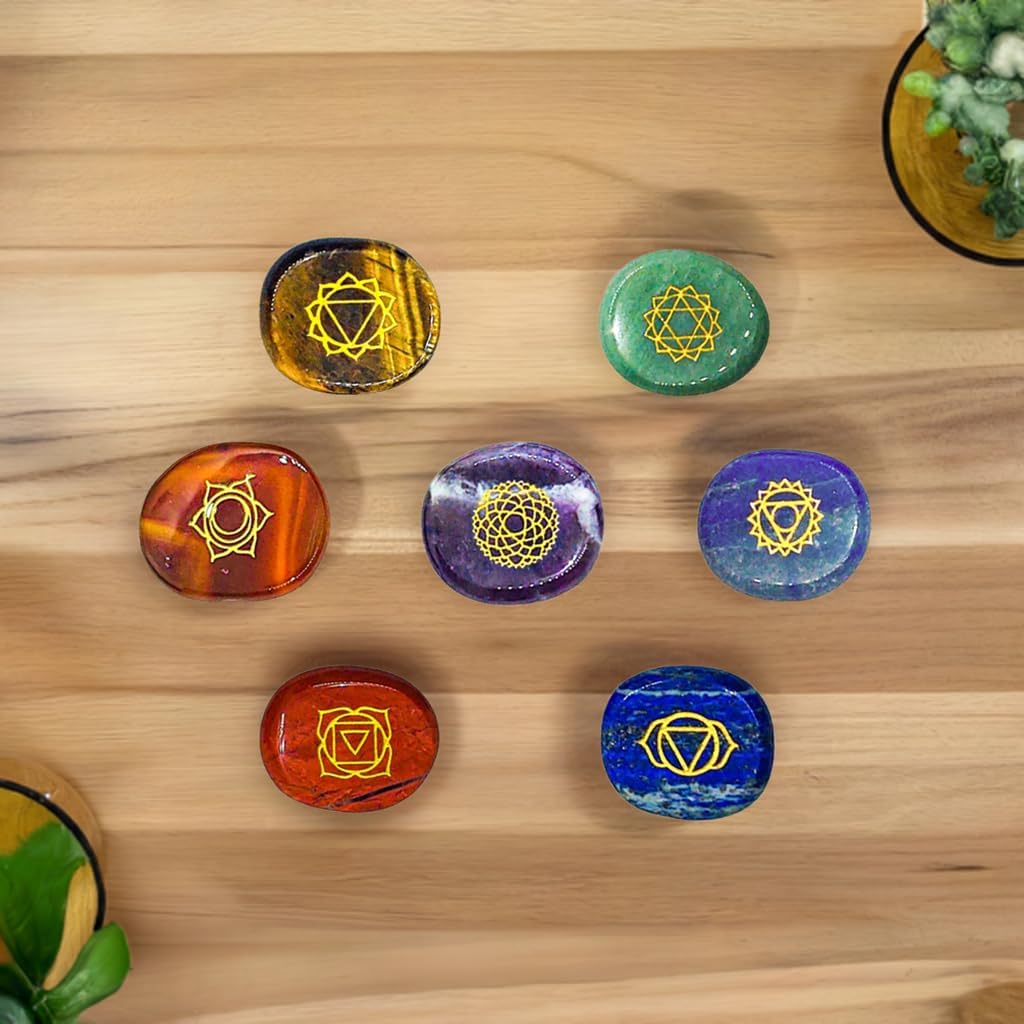 7 Engraved Chakra Symbol Stones - (16Pc) Meditation Accessory and Reiki Healing Kit with Chakra Chart, Affirmations, Guided Meditations, and Identification Cards For Spiritual and Mindfulness Work