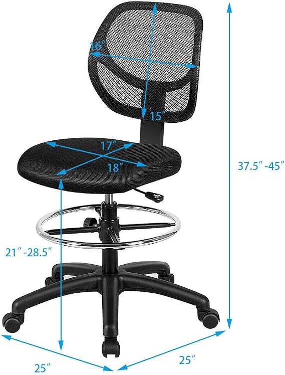 Giantex Drafting Chair Tall Office Chair with Back, Height Adjustable Home Office Chair on Wheels, Ergonomic Computer Standing Desk Chair with Footrest Ring for Bedroom, Black