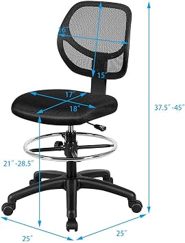 Giantex Drafting Chair Tall Office Chair with Back, Height Adjustable Home Office Chair on Wheels, Ergonomic Computer Standing Desk Chair with Footrest Ring for Bedroom, Black