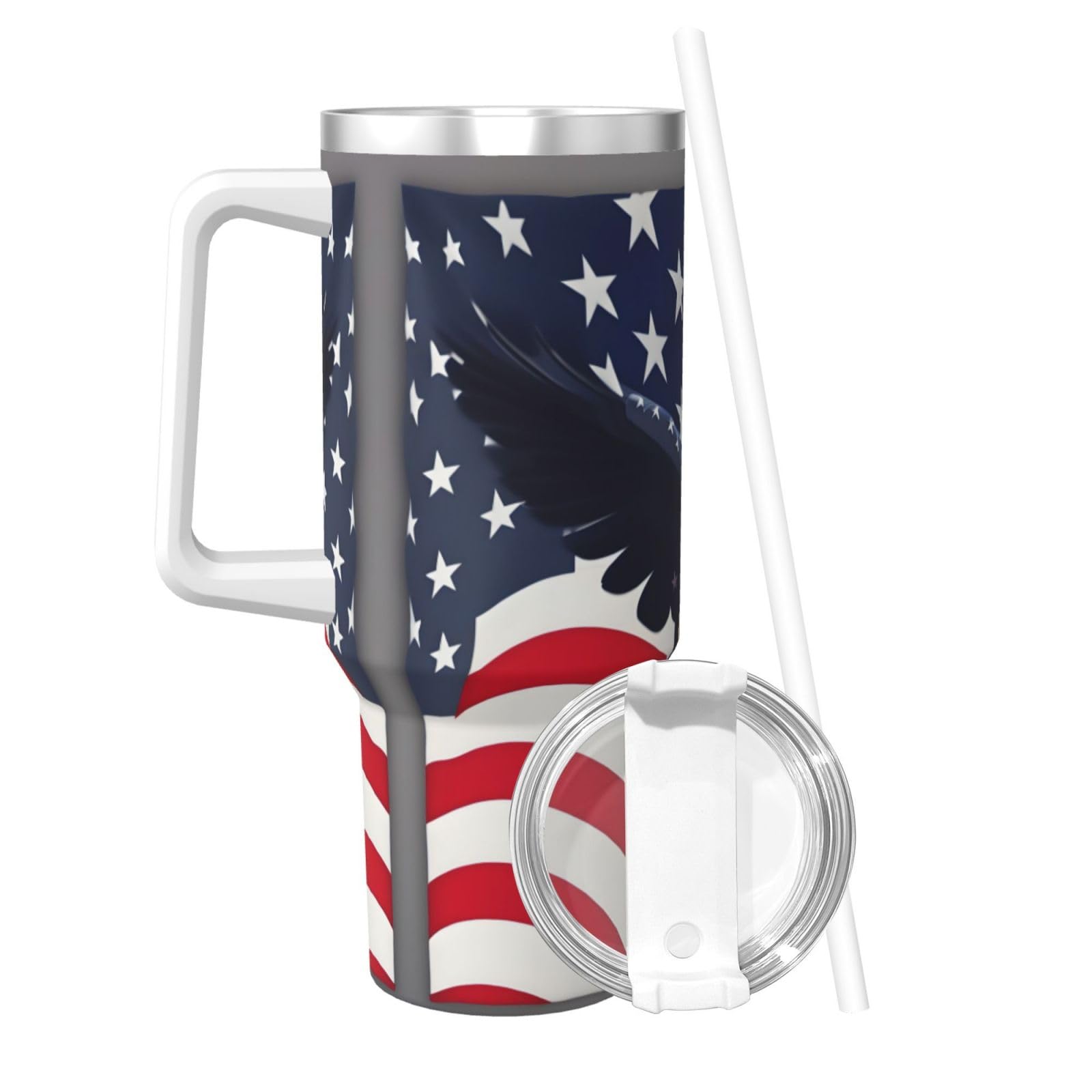Trinkflasche mit amerikanischer Flagge, Edelstahl, doppelwandig, isoliert, mit Griff und Strohhalm-Deckel, 1,2 l