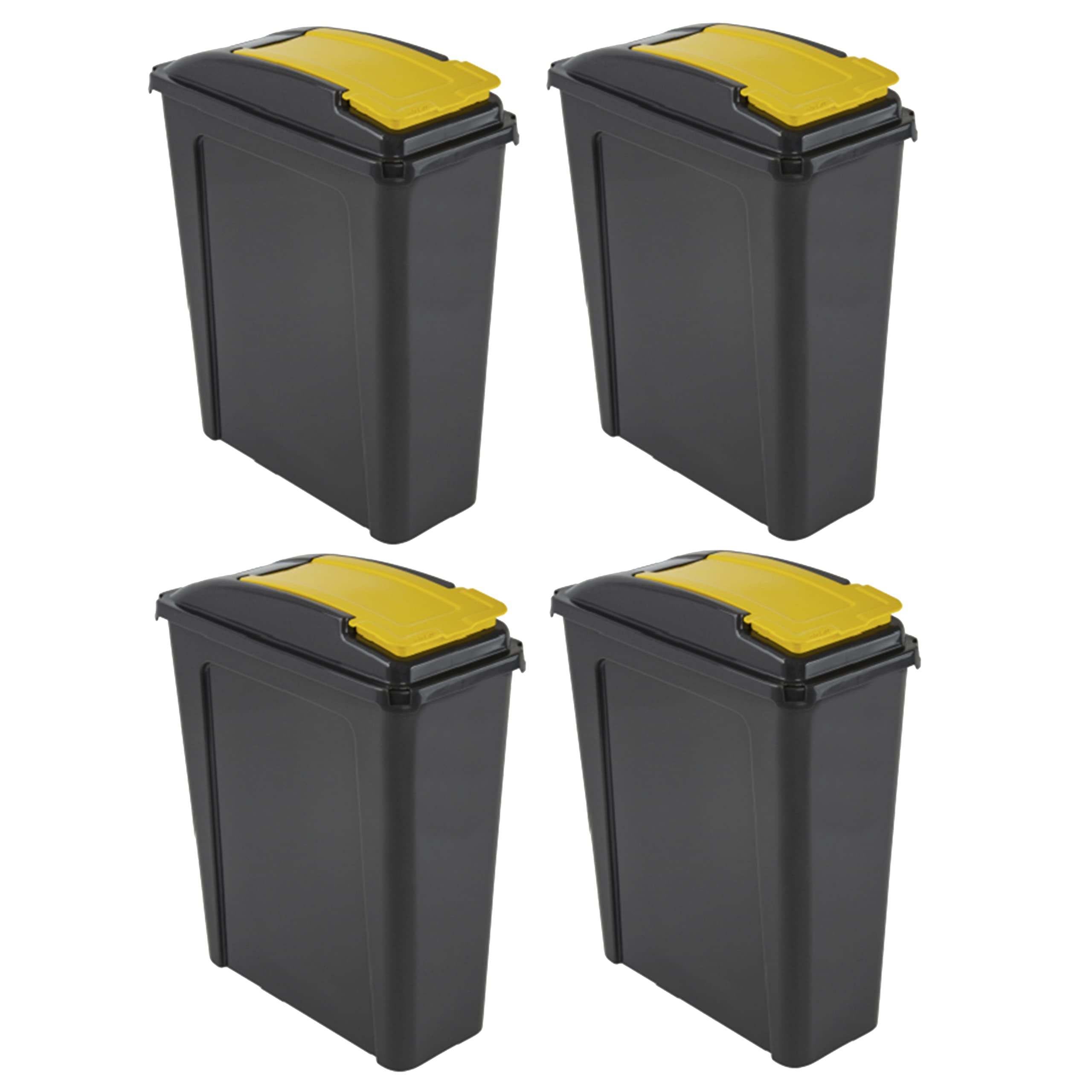 25L Slimline Bin Yellow Set of 4 Heavy-Duty Plastic Recycling Waste Bins with Flap Lid, Tall Slim, Durable, Made in UK Waste Rubbish Bins Dustbin for Home & Kitchen Bedroom