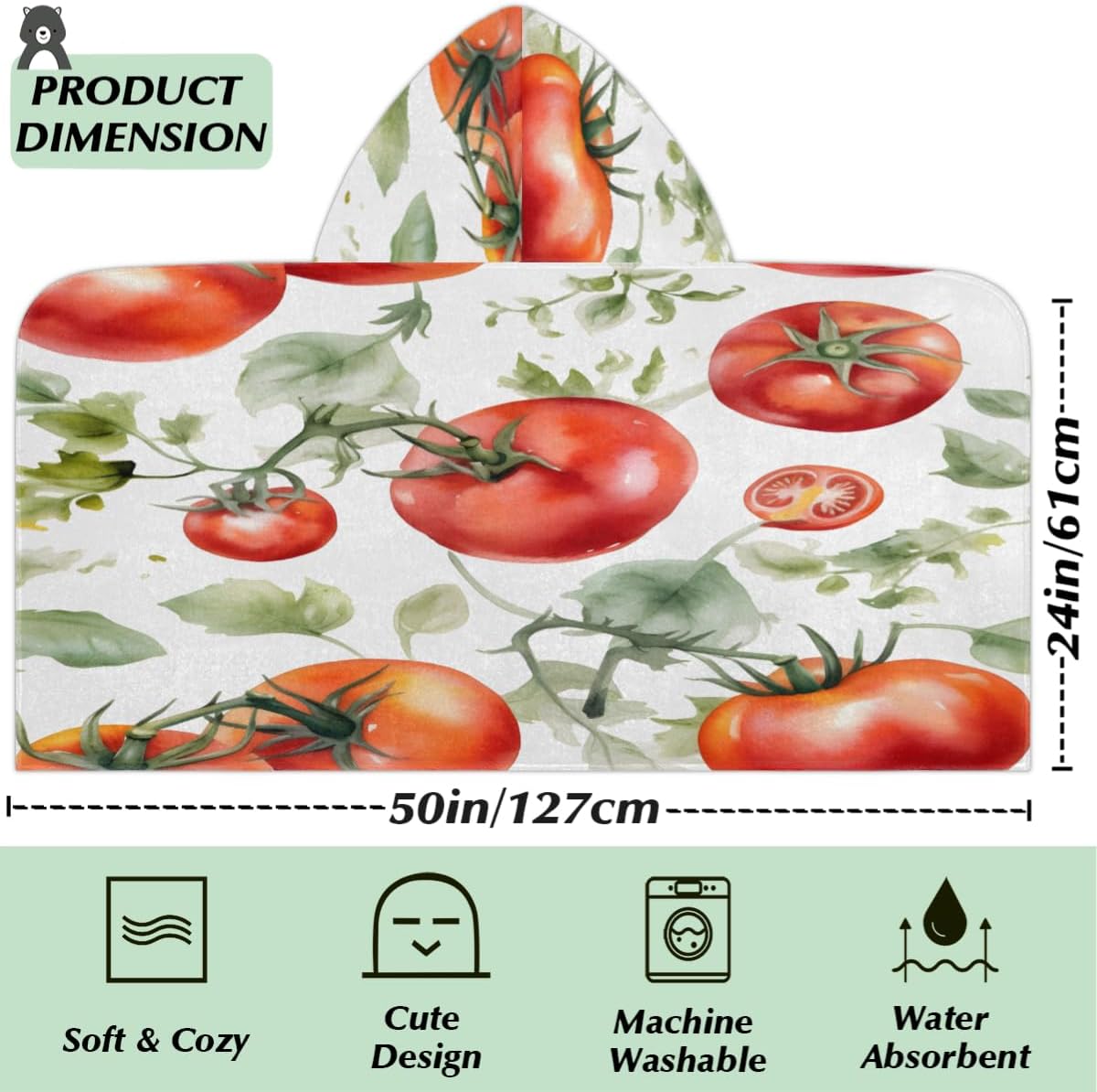 Pardick Kids Bath Towel Fruit Tomatoes Beach Towel with Hood Pool Cover Up for Girls Boys Soft Absorbent Hooded Bath Towel Toddler Towels for Beach, Pool