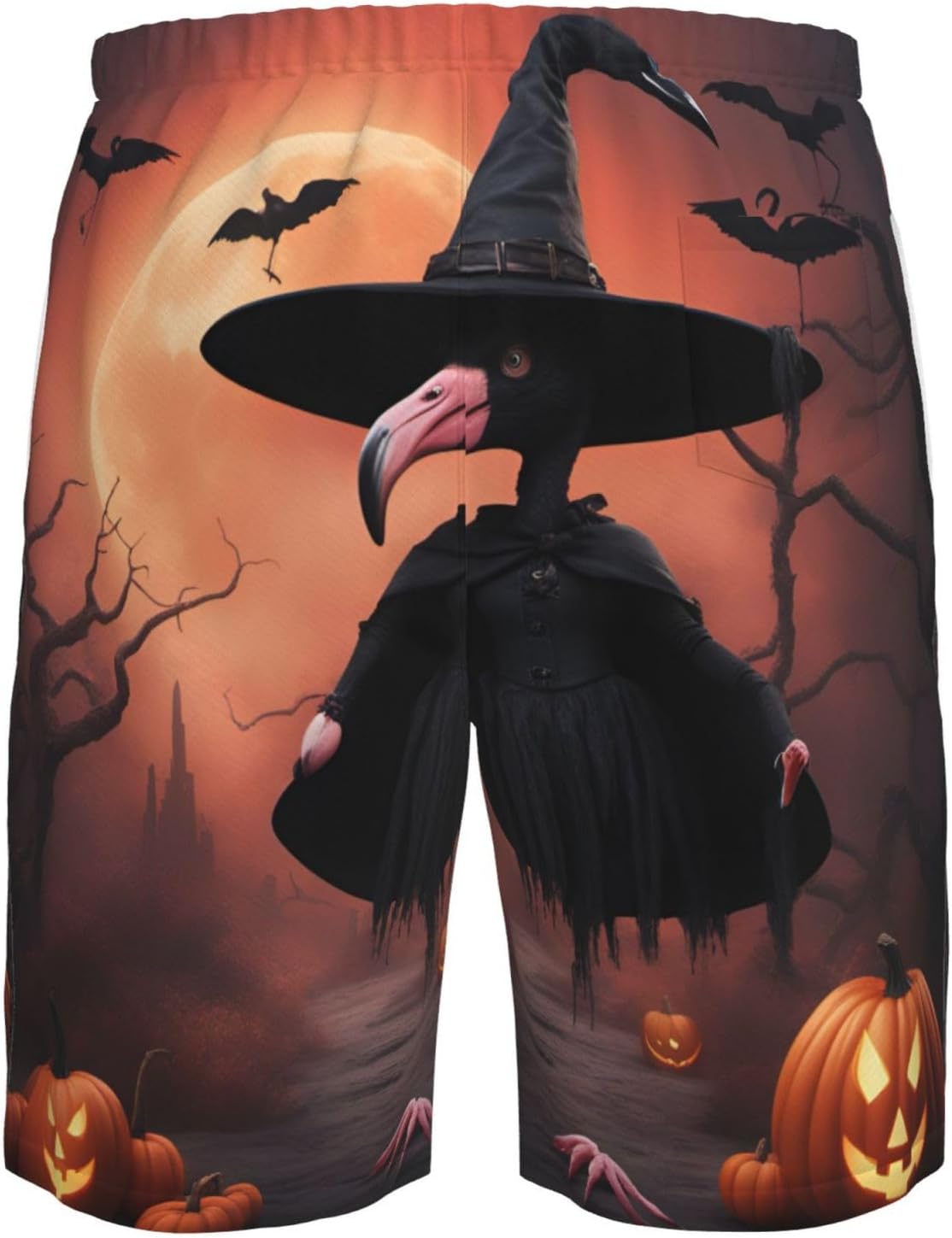 Mens Halloween Flamingo Witch Hat Print Beach Shorts,Casual Summer Shorts for Men,Quick Dry Polyester