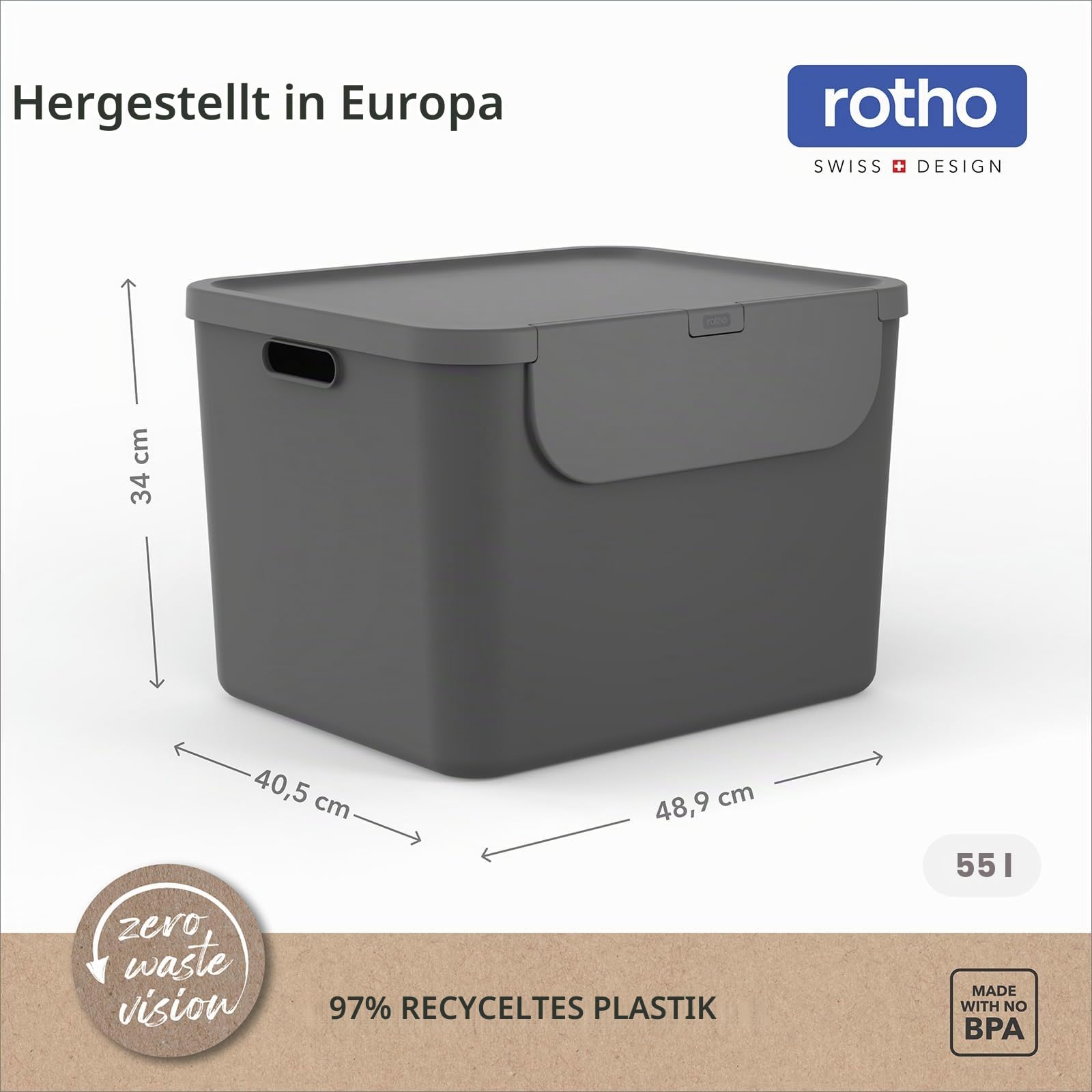 Rotho Mülleimer Küche Albula Mülltrennsystem 3-teilig mit Deckel 105 L | Mülleimer mit Deckel, Papierkorb für Büro und Haushalt, schwenkbare breite Klappe, stapelbar, zwei Tragegriffe, 6 Sticker
