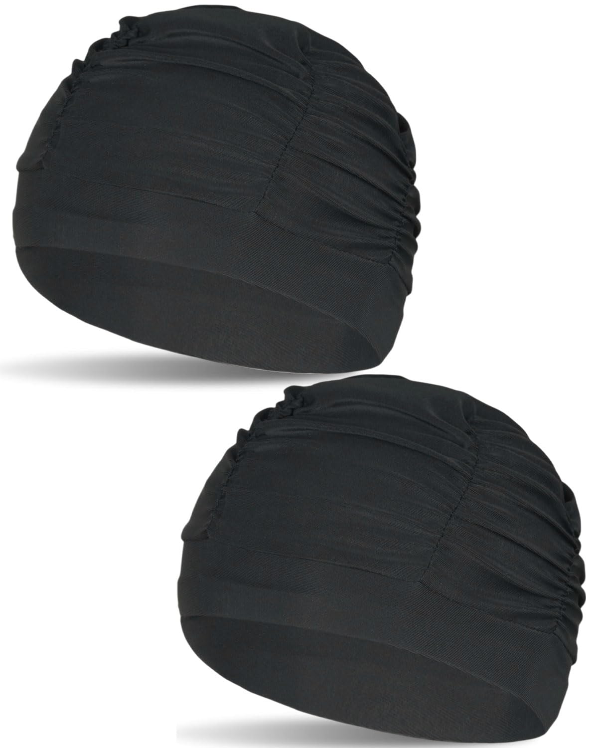 IPNSDON 2 PCS Black Pleated Swimming Cap,Nylon Women's Pleated Swim Cap - Elastic, Comfortable, Long Hair Protection Cap for Swimming, Surfing, Bathing & Shower