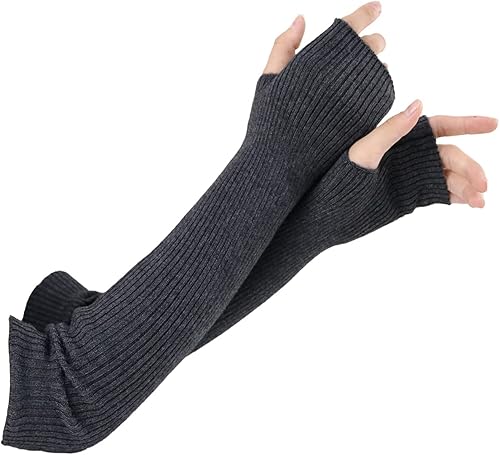 Facecozy Calentadores de brazos para mujer, mezcla de lana de cachemira, guantes largos sin dedos para mujer, guantes para clima frío con agujero