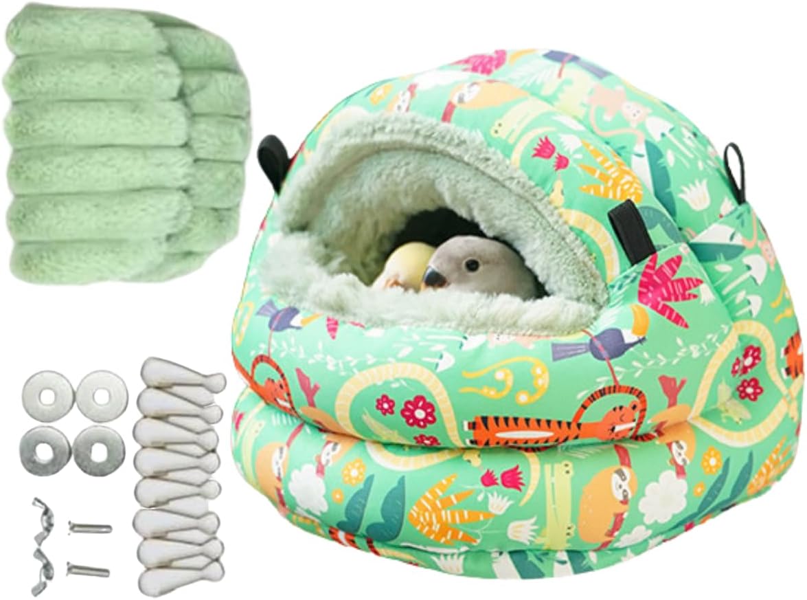 Winter Warm Nest for Parrot Warm House Bird Nest Winter Hanging Hammock Birds Sleeping Bed Parrot Hideway Bed Washable for Quaker Parakeet Cockatiels Budgies Lovebird (Green,Large)
