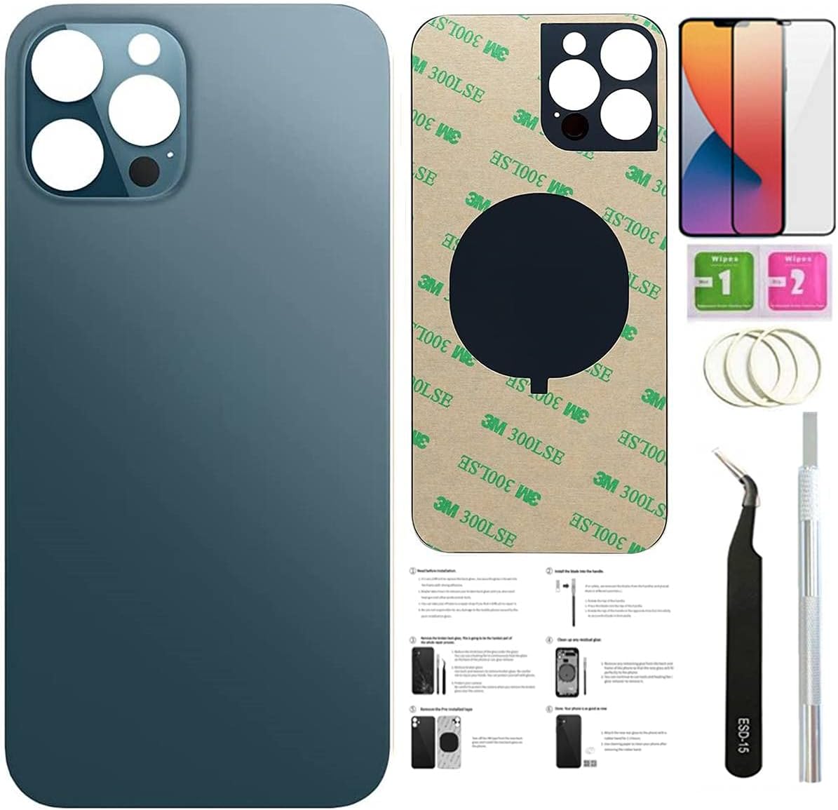 12 Pro Max Back Glass Replacement for iPhone 12pro Max Back Cover Glass 6.7 Inch with PreInstalled Tape Installation Instruction Repair Tools Screen Protector Pacific Blue