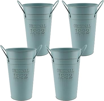 MOUYAT 4 Pack 8 Inch Vintage Metal Galvanized Flower Vase with Handles