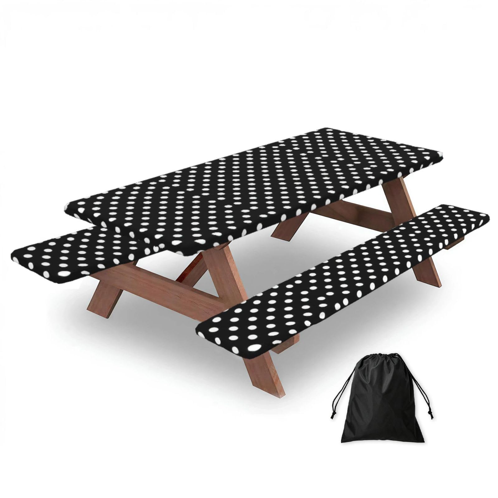 Yqxwjl Black And White Polka Dots Print Camping Essentials Waterproof Camping Table And Bench Cover With Drawstring Bag 183 Cm