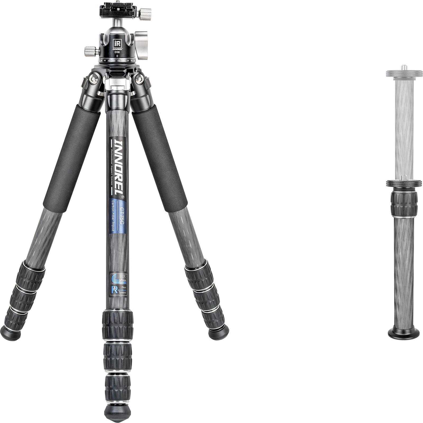 Carbon Fiber Tripod-INNOREL CT75C Professional Travel Tripod for DSLR Camera Heavy Duty Stand with 1.1in/28mm Tube Low Gravity Center 360°Panoramic ballhead Max Load 44lbs/20kg Short Center Column