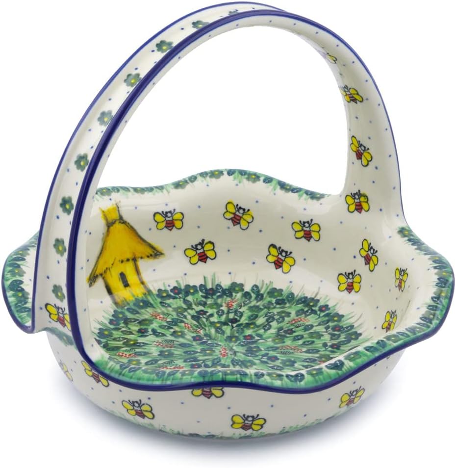 Polmedia Polish Pottery Basket with Handle UNIKAT - Bee Happy Pattern Handmade in Boleslawiec Poland by Ceramika Artystyczna + Certificate of Authenticity
