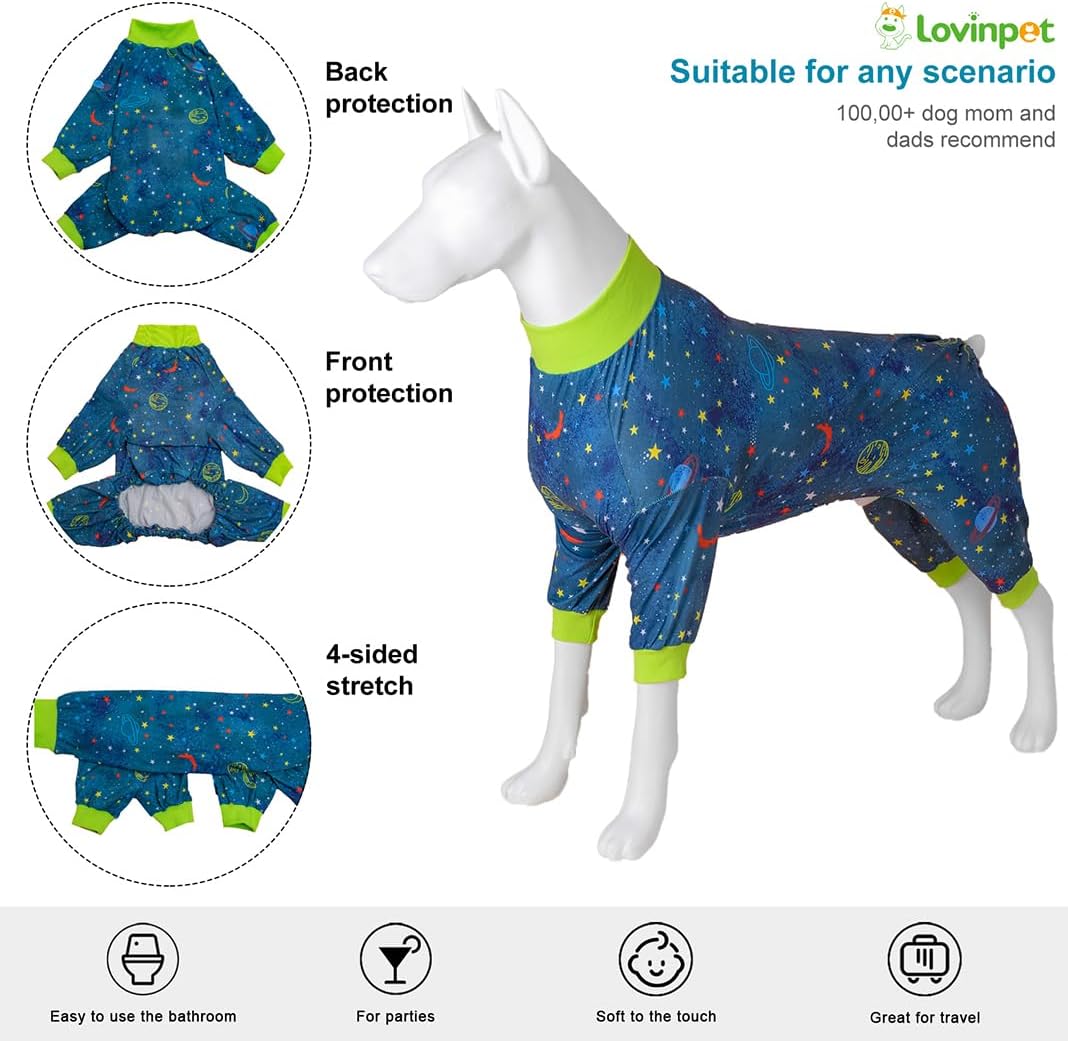 LovinPet Dog PJs Outfits for Female Dogs, Anxiety Relief Onesie, Navy Space Print, Large PJs, Pullover Breed Clothes, Surgery Recovery Suit Undershirt for Sweater,2XL
