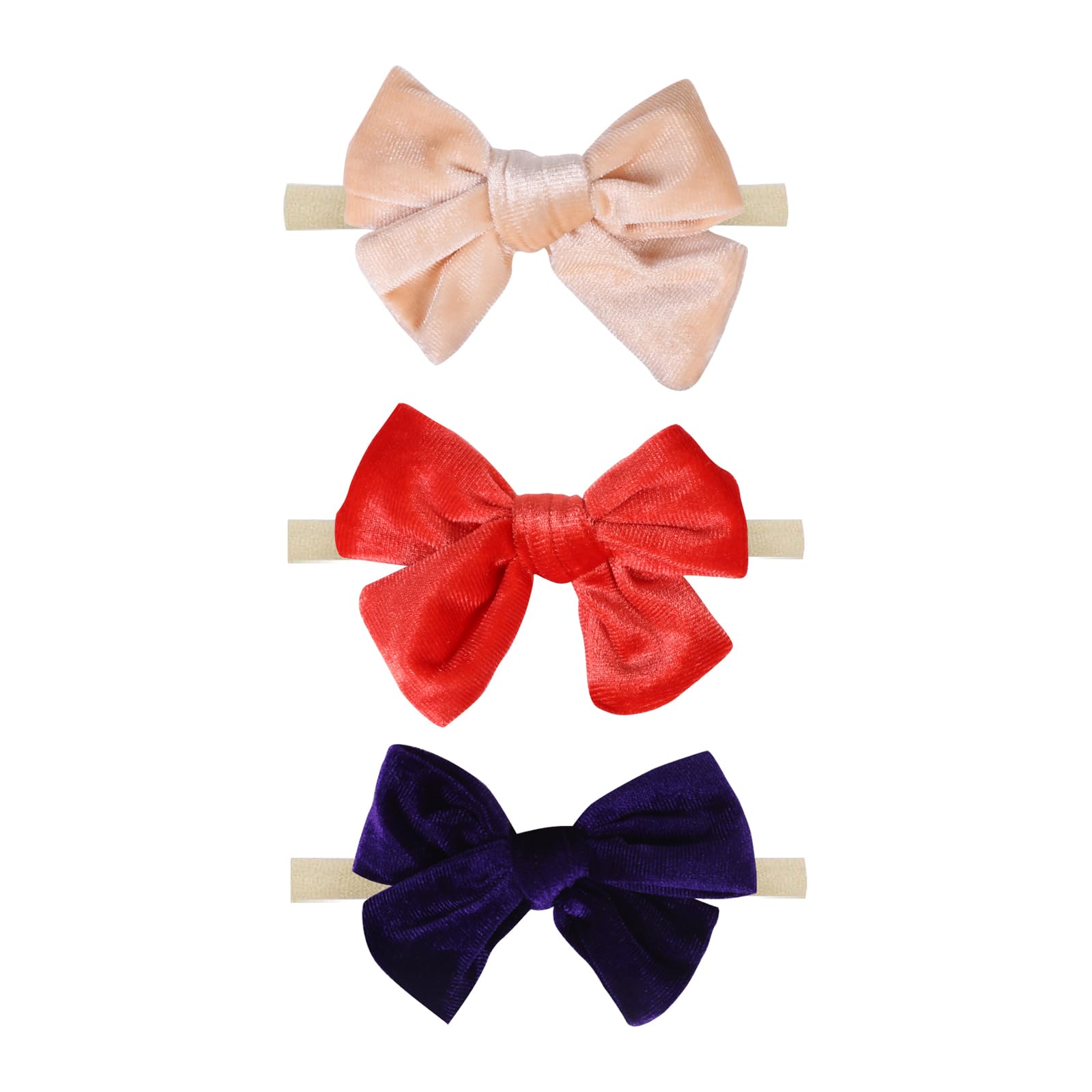 chiduerm 3 Pieces Baby Girl’s Velvet Hair Bows Headbands — Soft Stretchy Nylon Hair Band Elastic Hairband For Newborn Toddler Kids Baby Girls (Purple Beige Orange, Normal)