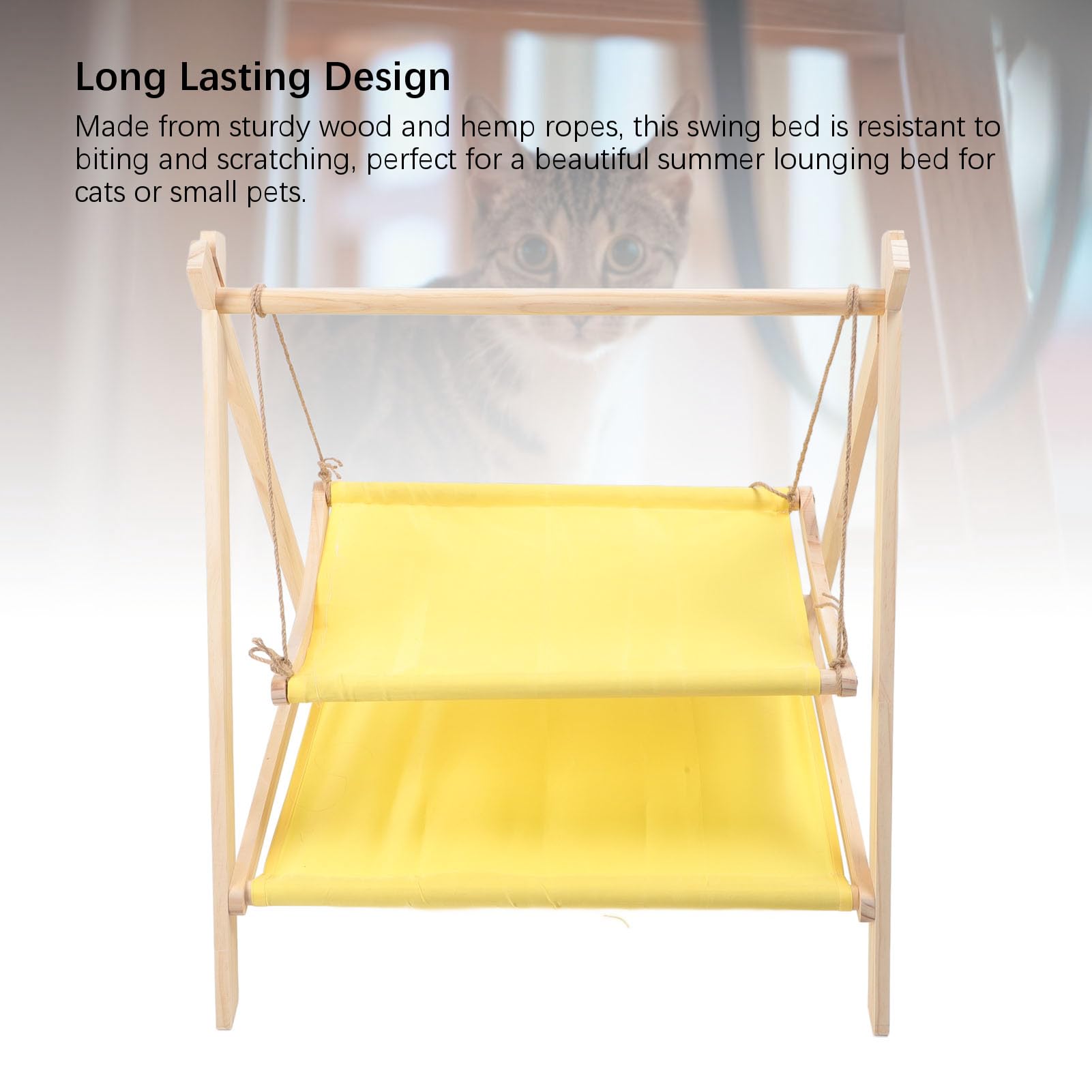 Lit Hamac Balançoire pour Chat, Lit surélevé pour Chat à 2 Couches avec Cadre en Bois, Forte capacité de Charge, Résistant aux Rayures, Jouets Balançoire Debout pour Chaton et